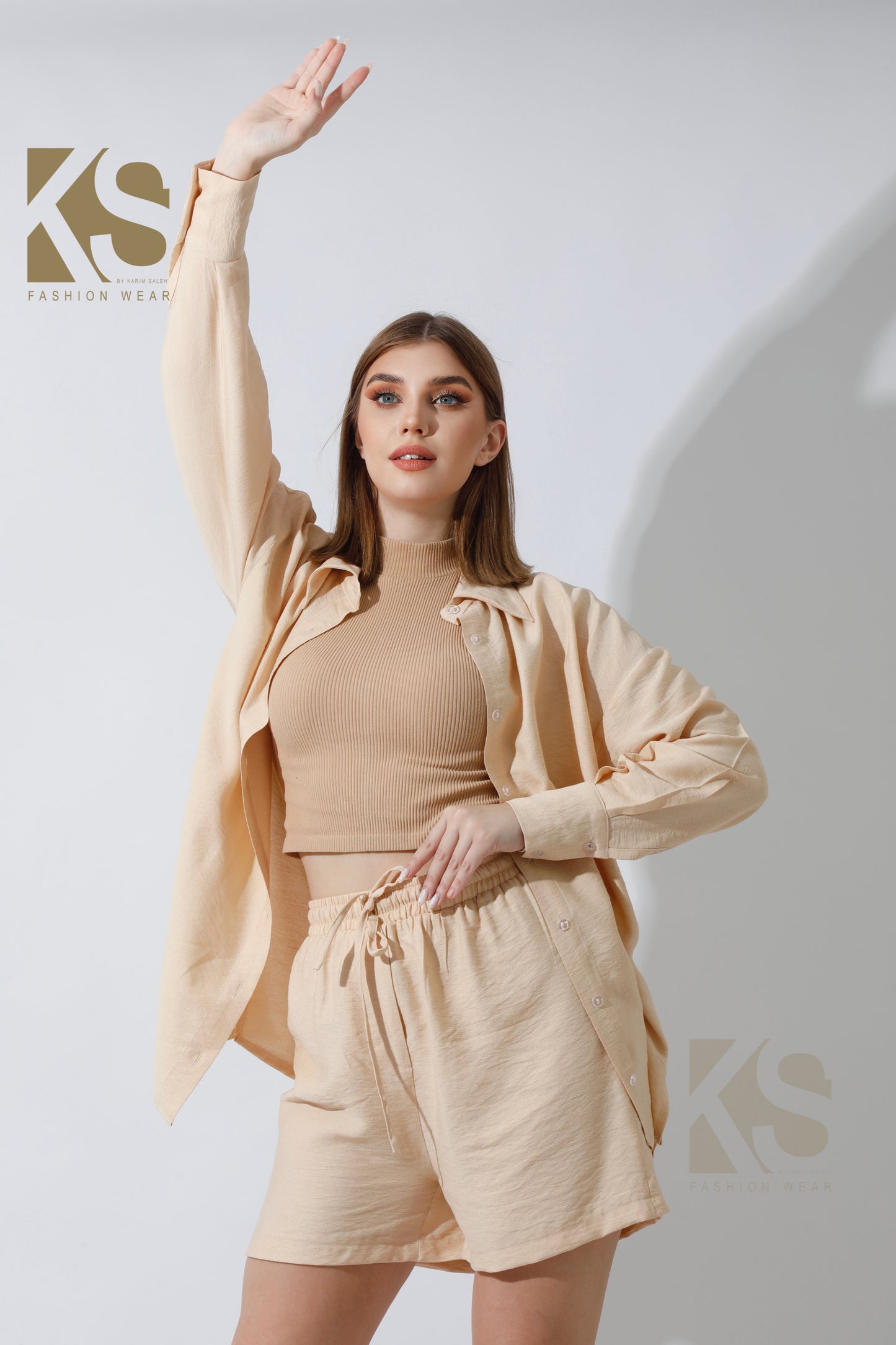 Lose Fit Shirt & Shorts Set - Beige
