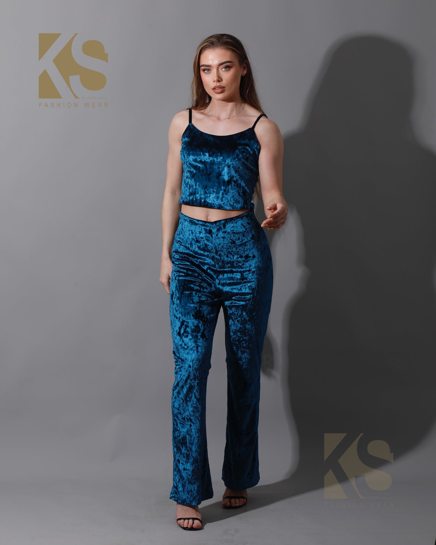 Velvet Crop Top & Bootcut Trousers Set - Petrol
