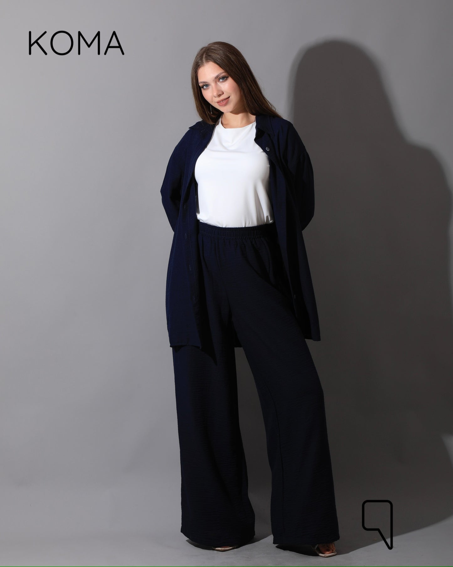 Co-Ord Lenin Long Sleeve Shirt & Wide Leg Trousers - Navy