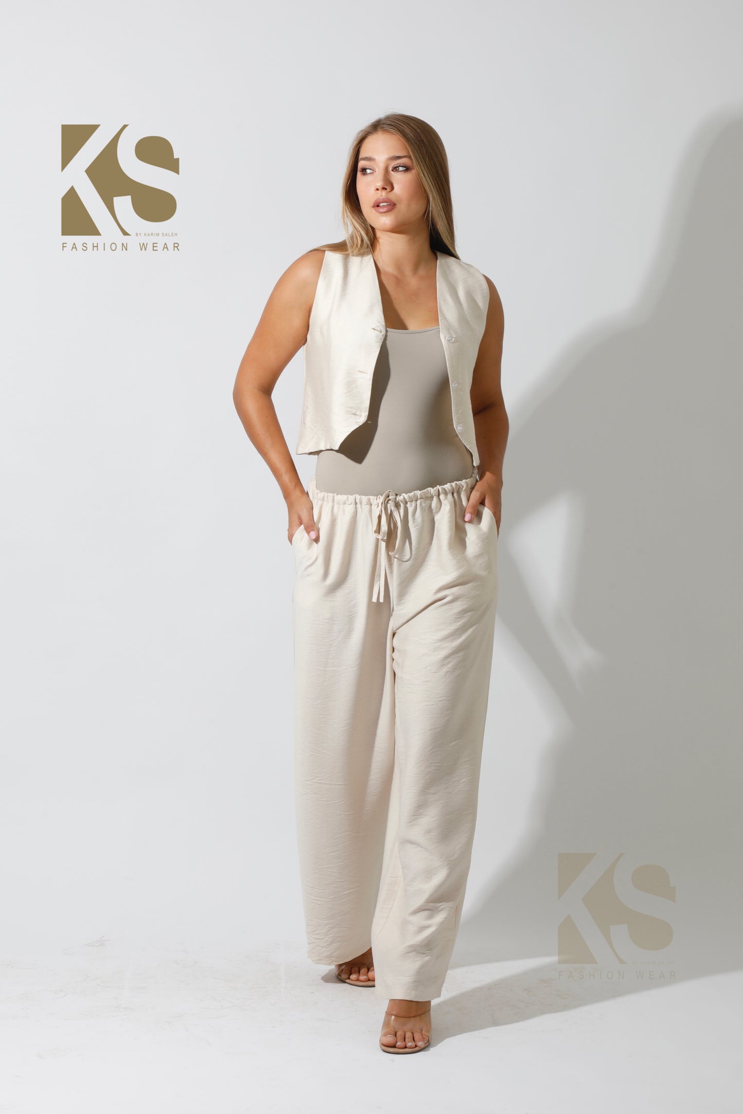 Vest & Lose Tied Pants Set - Beige