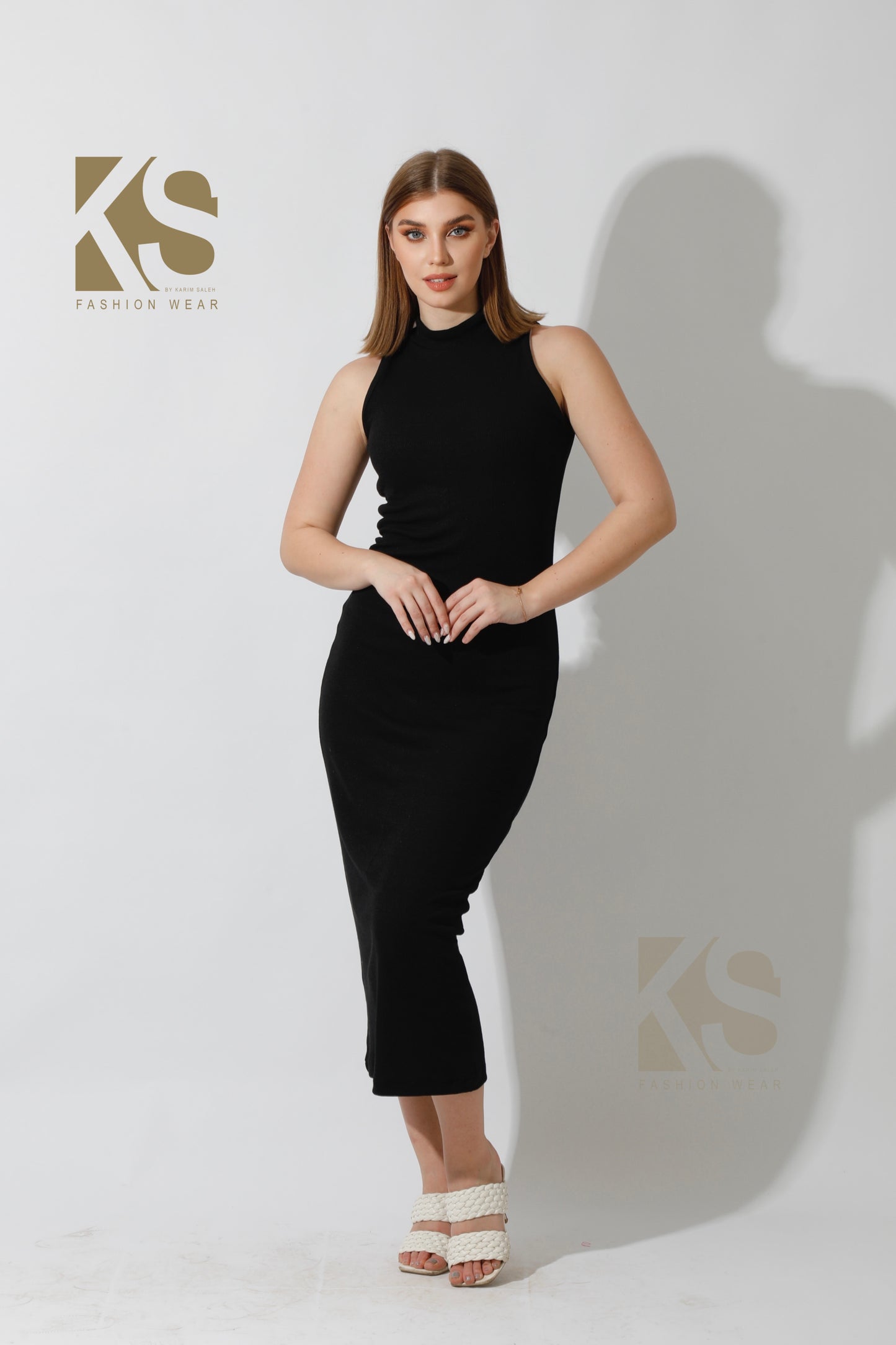 Slinky High Neck Midi Sleeveless Dress - Black