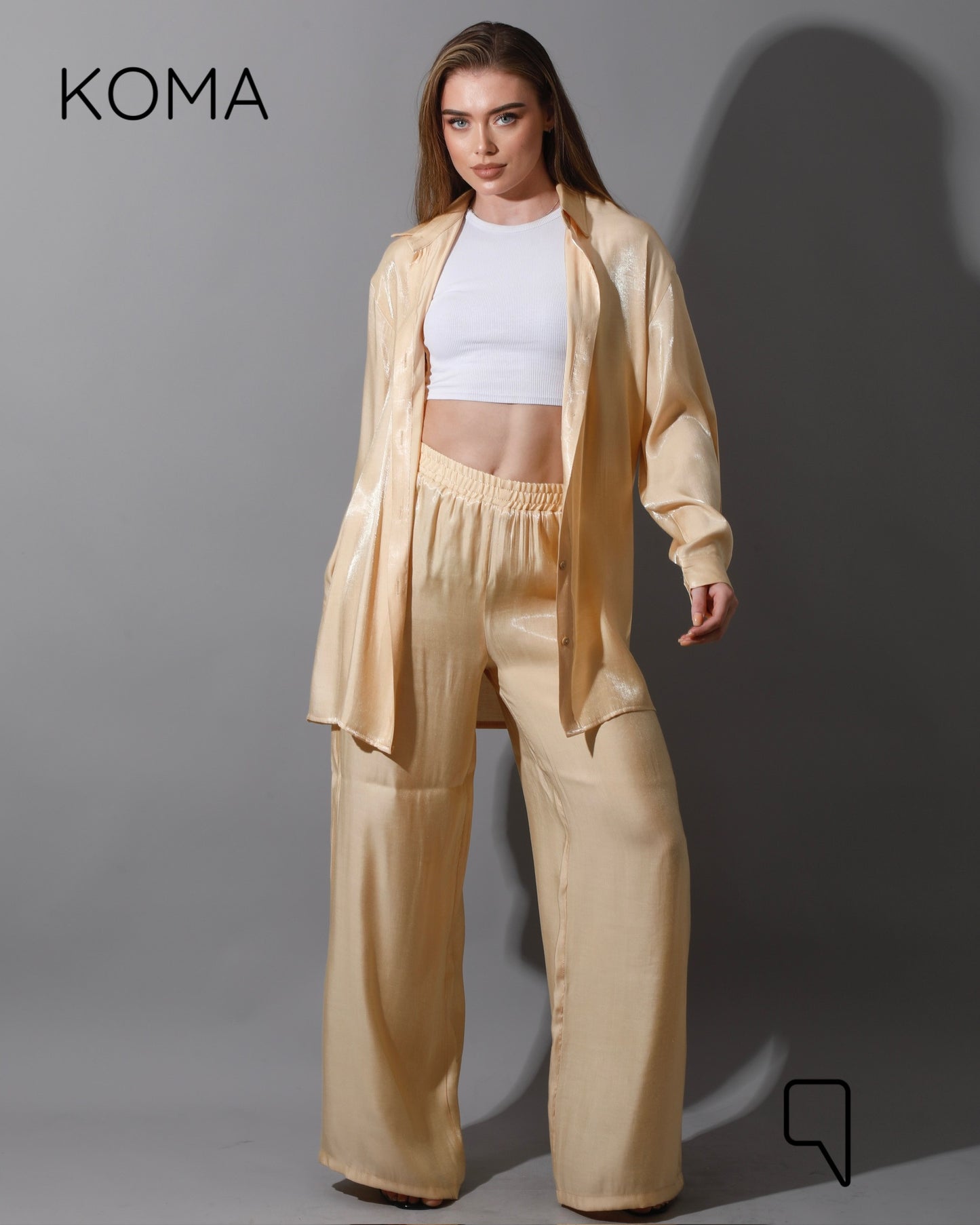 Shemer Long Shirt & Wide Leg Trousers Set - Beige