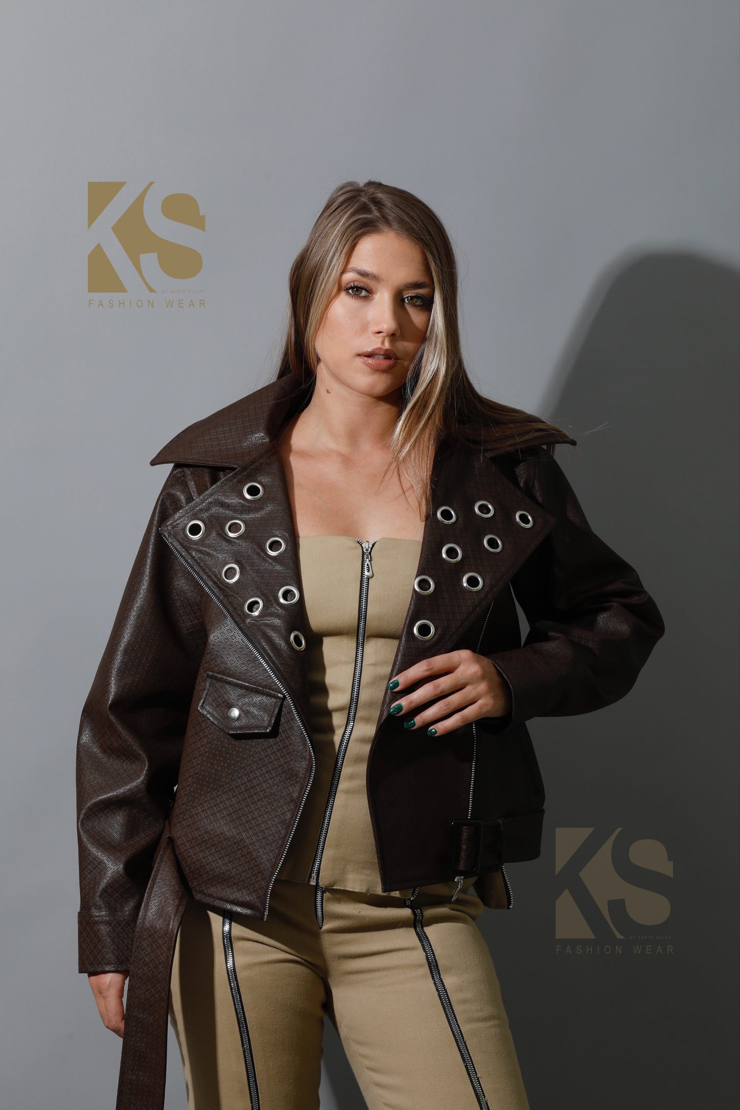 Textured Leather Biker Jacket - Brown