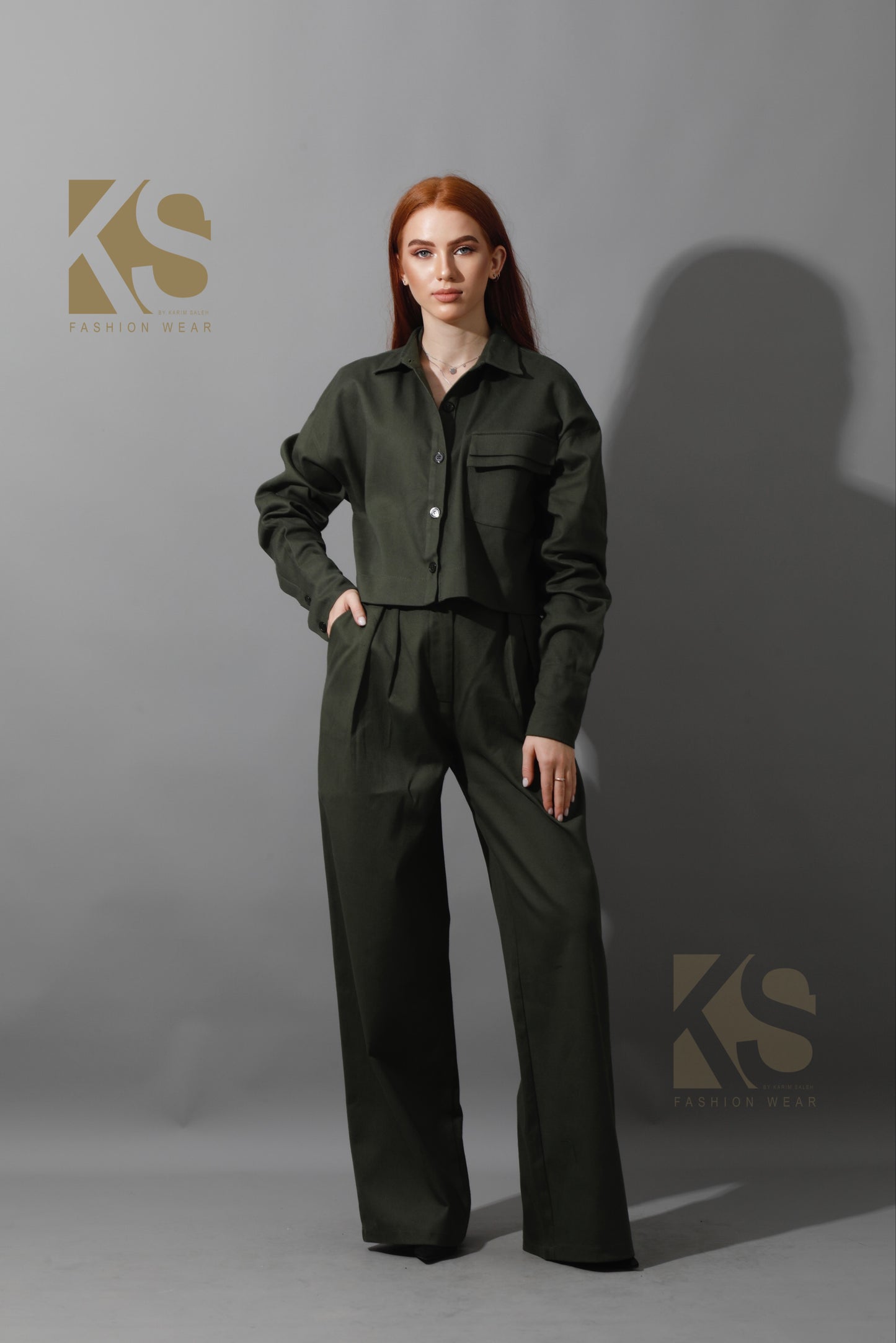 Pleated Wide Leg Trousers - Olive