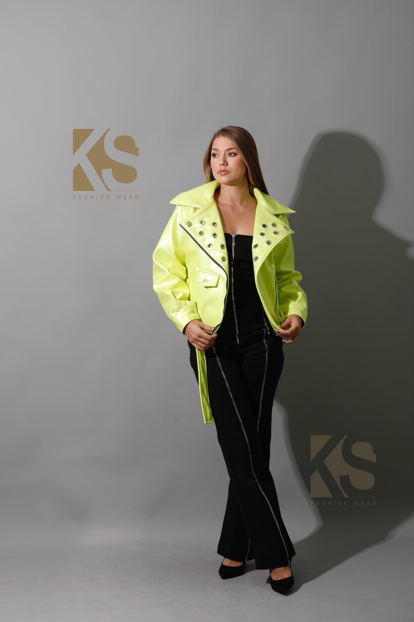 Textured Leather Biker Jacket - Lime Green