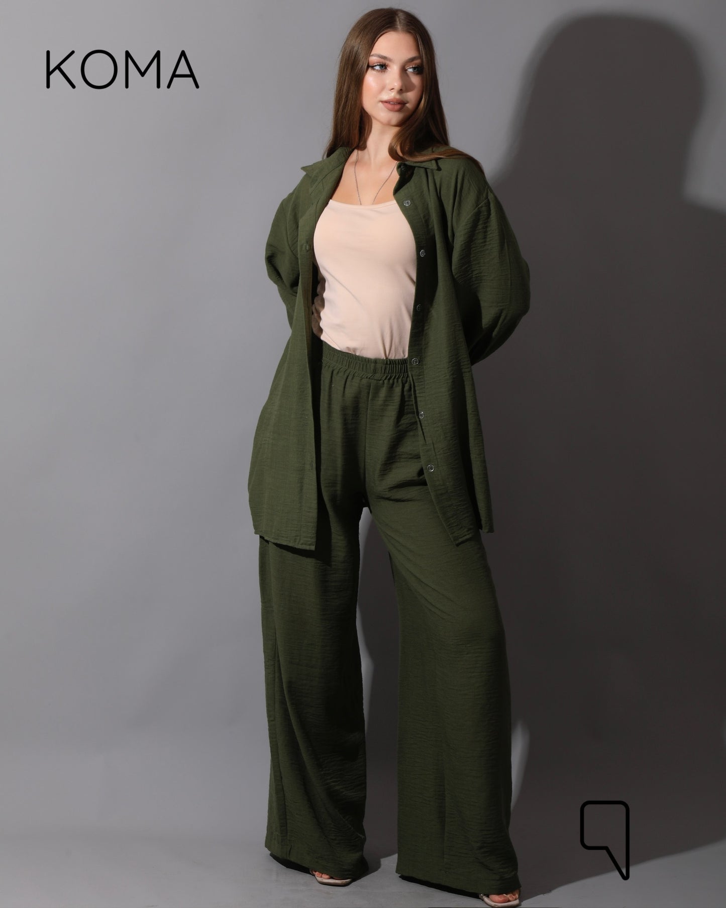Co-Ord Lenin Long Sleeve Shirt & Wide Leg Trousers - Olive