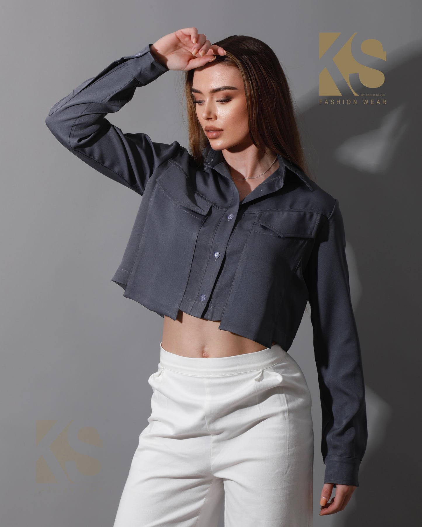 Pockets Cropped Shirt - Gray