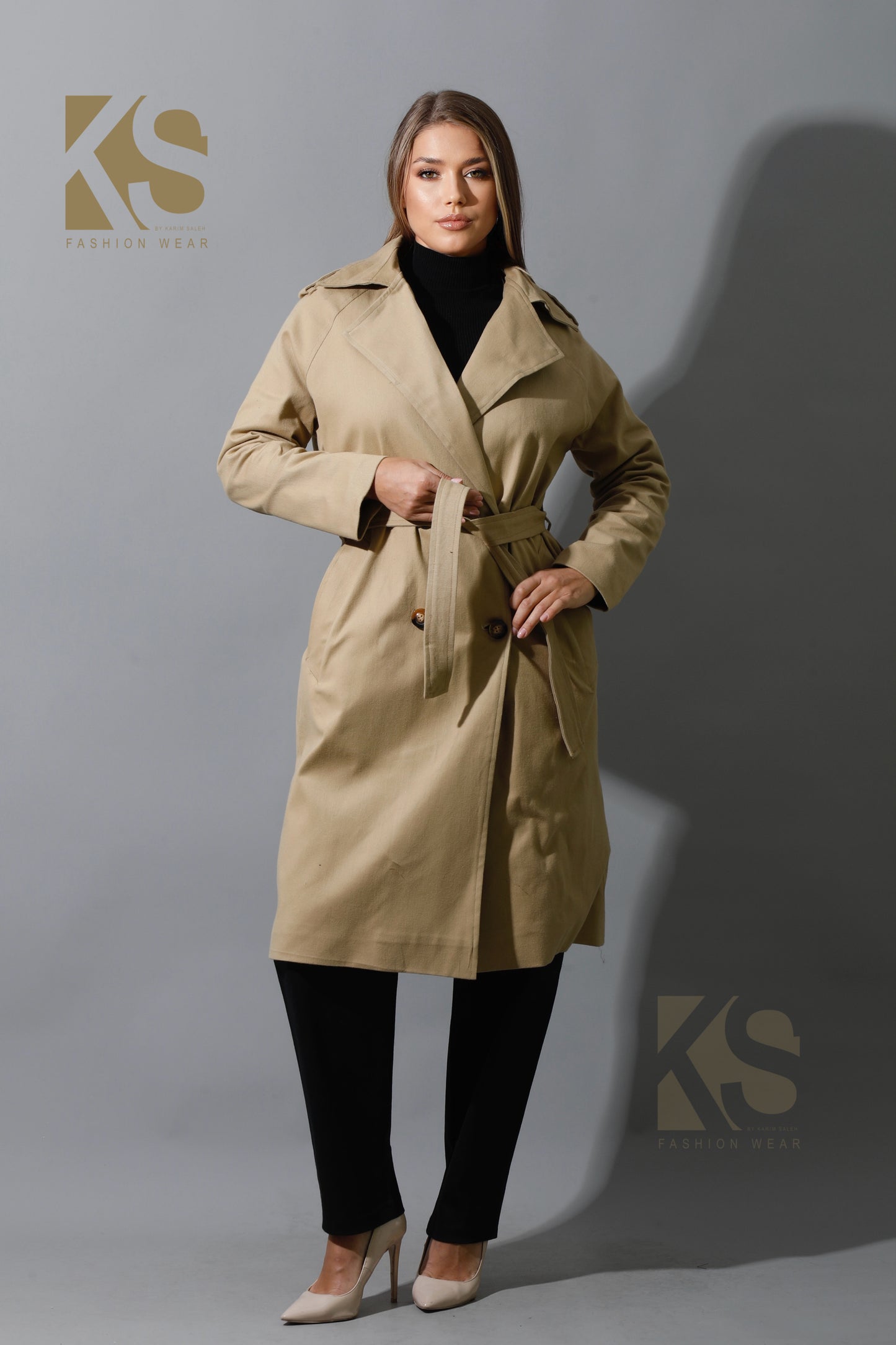 Wrapped Belted Trench Coat - Beige