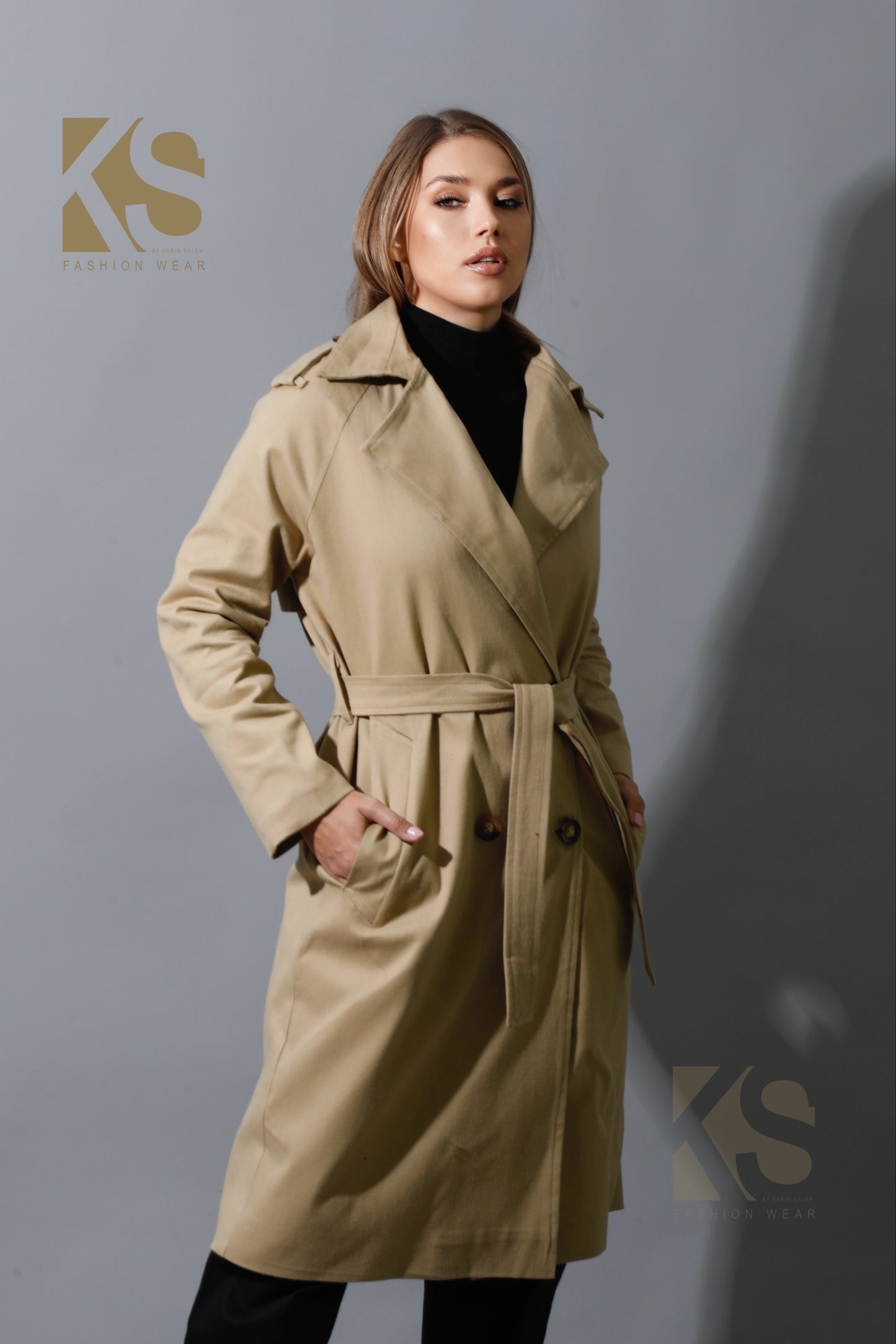 Wrapped Belted Trench Coat - Beige