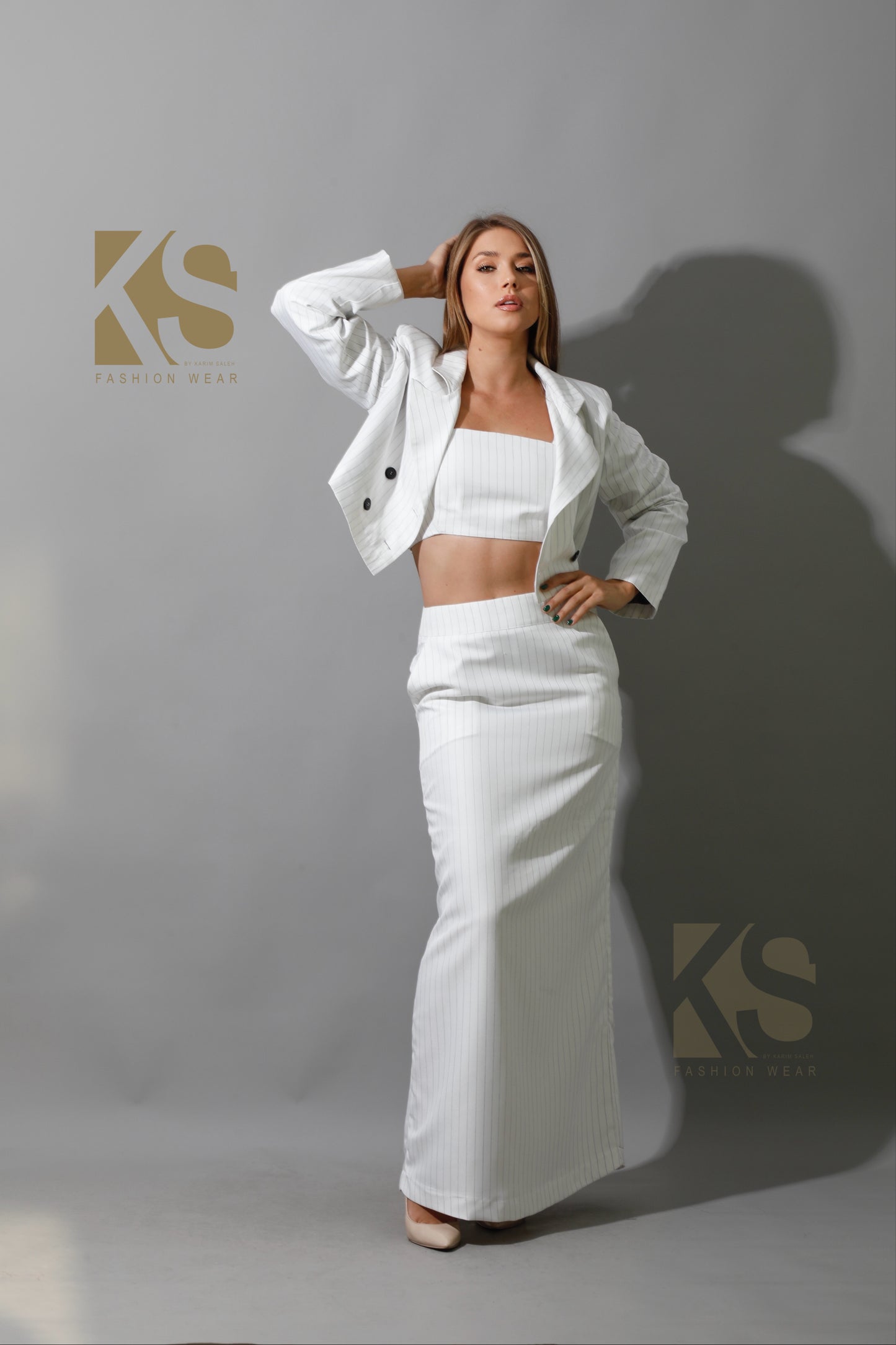 Striped Cropped Blazer Co-Ord - White