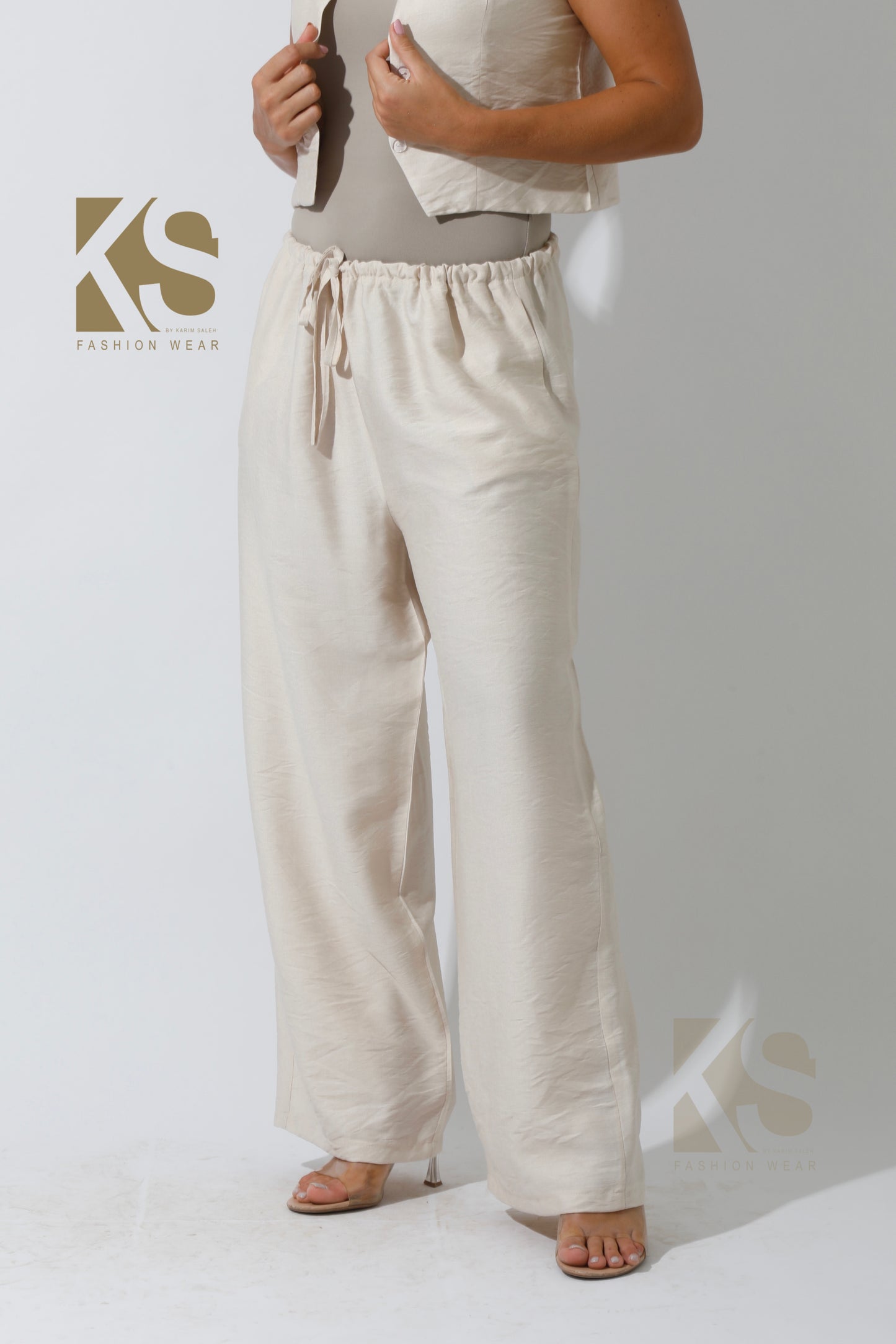 Vest & Lose Tied Pants Set - Beige