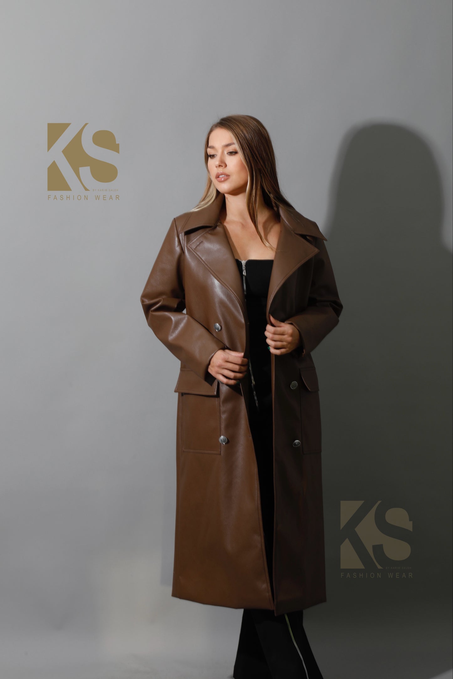 Textured Leather Coat - Brown