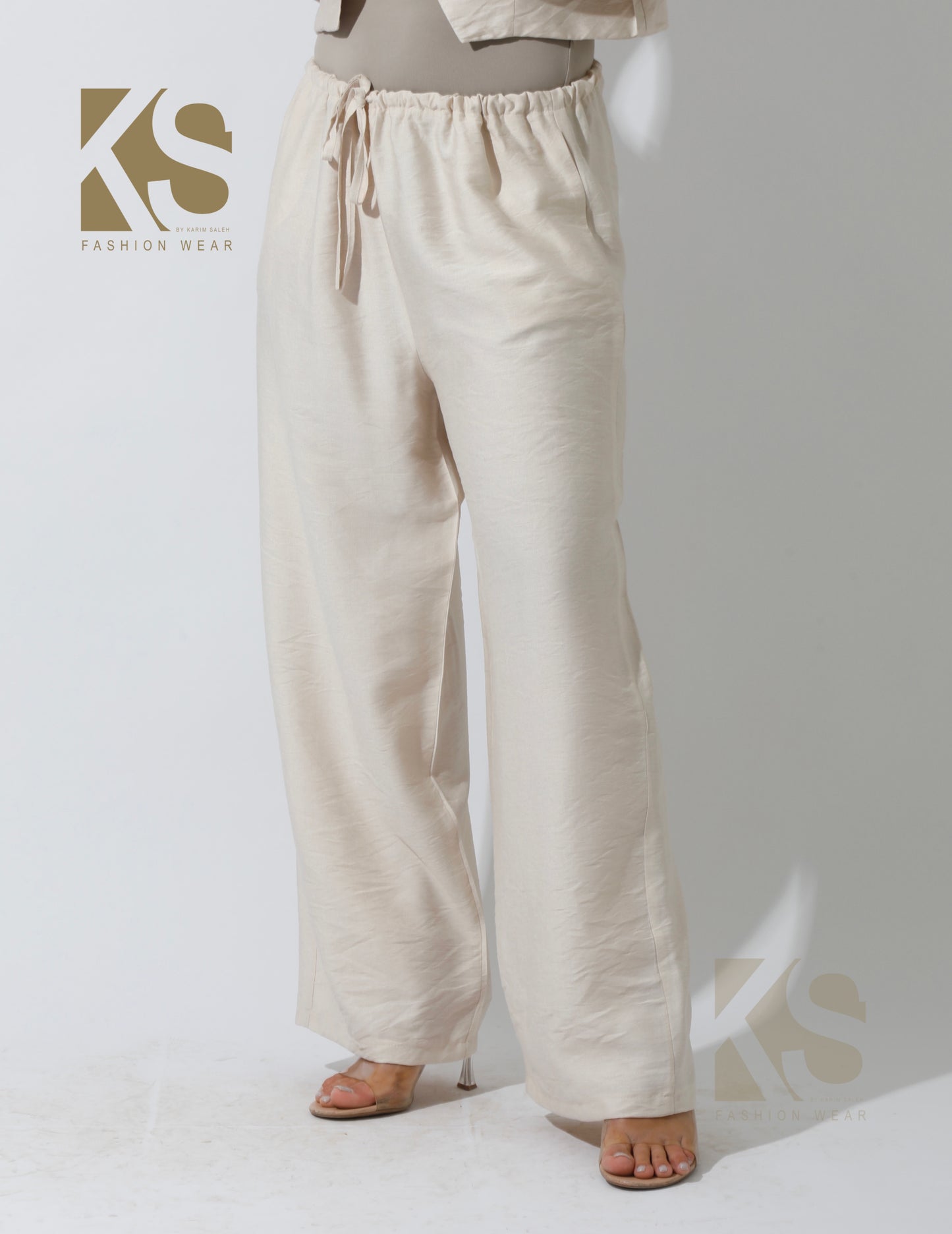 Lose Tied Pants Set - Beige