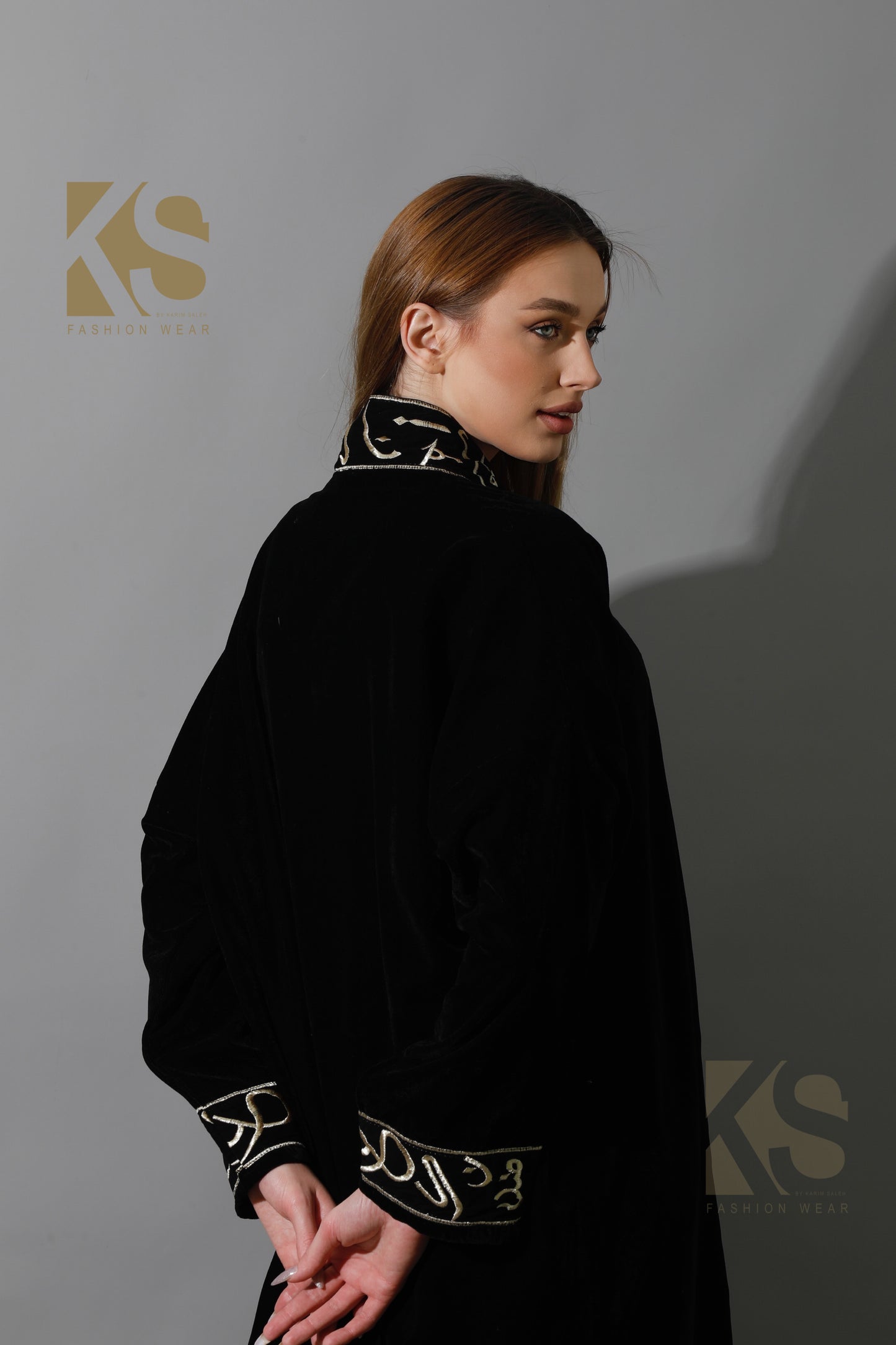 Arabic Letter Long Kaftan - Black & Gold
