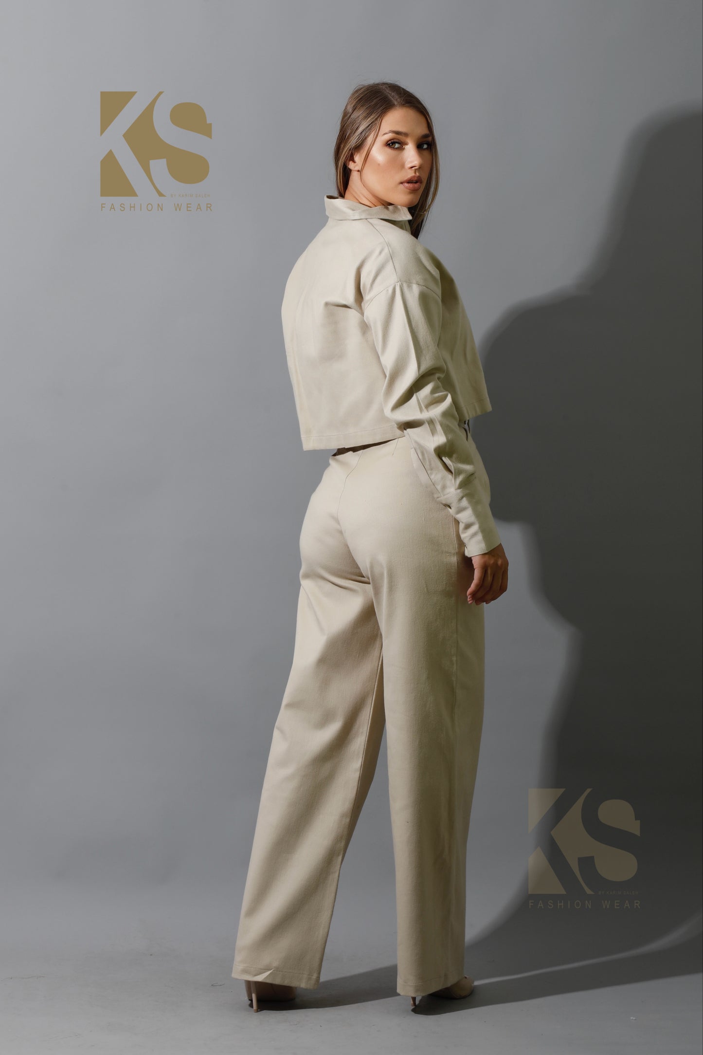 Co-ord Pleated Wide Leg Pants & Cropped Shirt - Beige