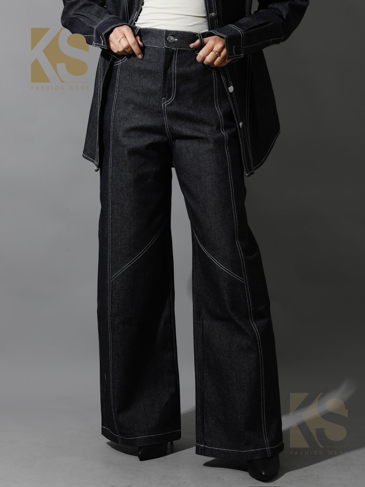 Co-Ord Jeans Cutout Shirt & Cutout Pants - Navy Blue