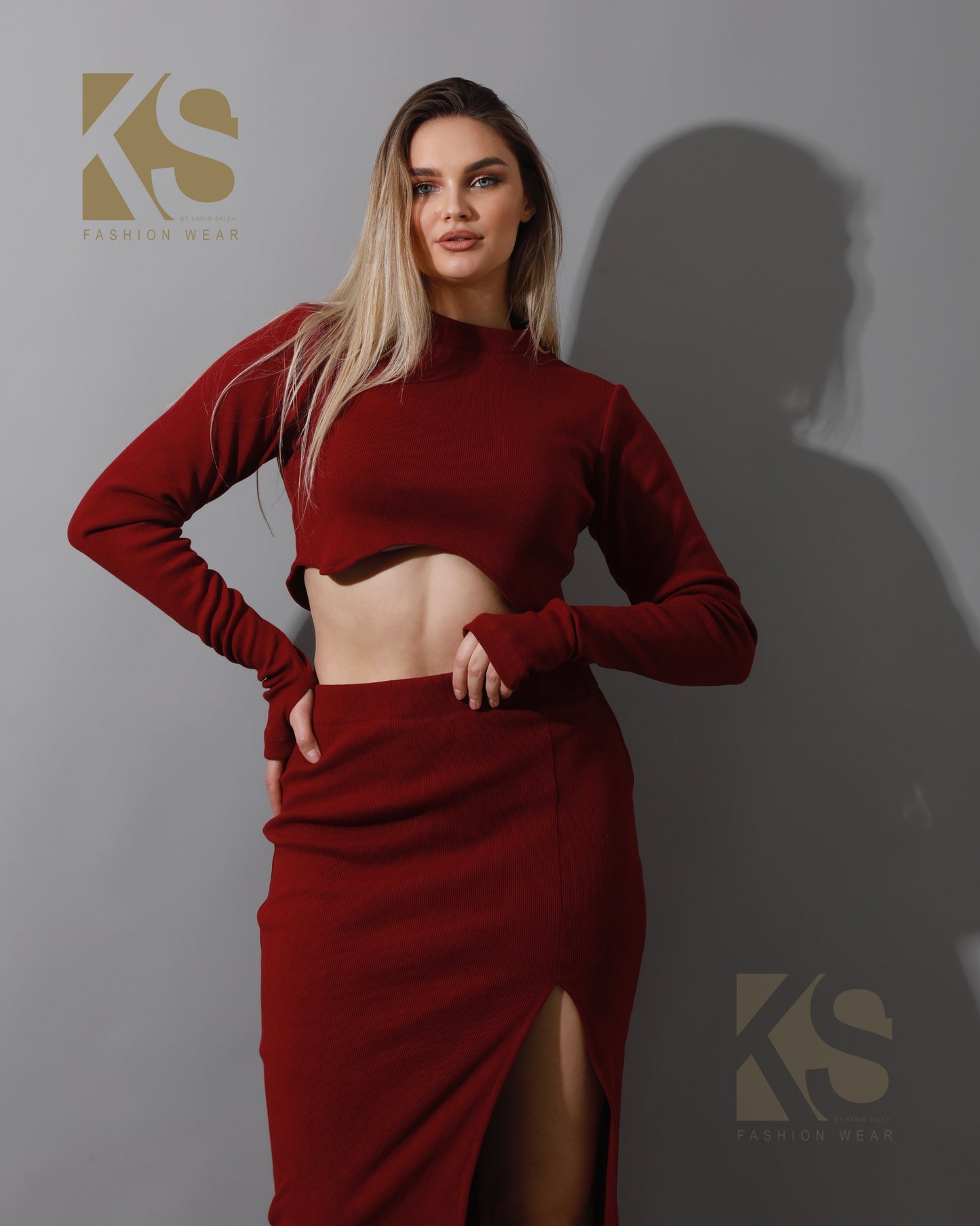 Co-ord Crop Top & Midi Skirt Rib Set - Maroon