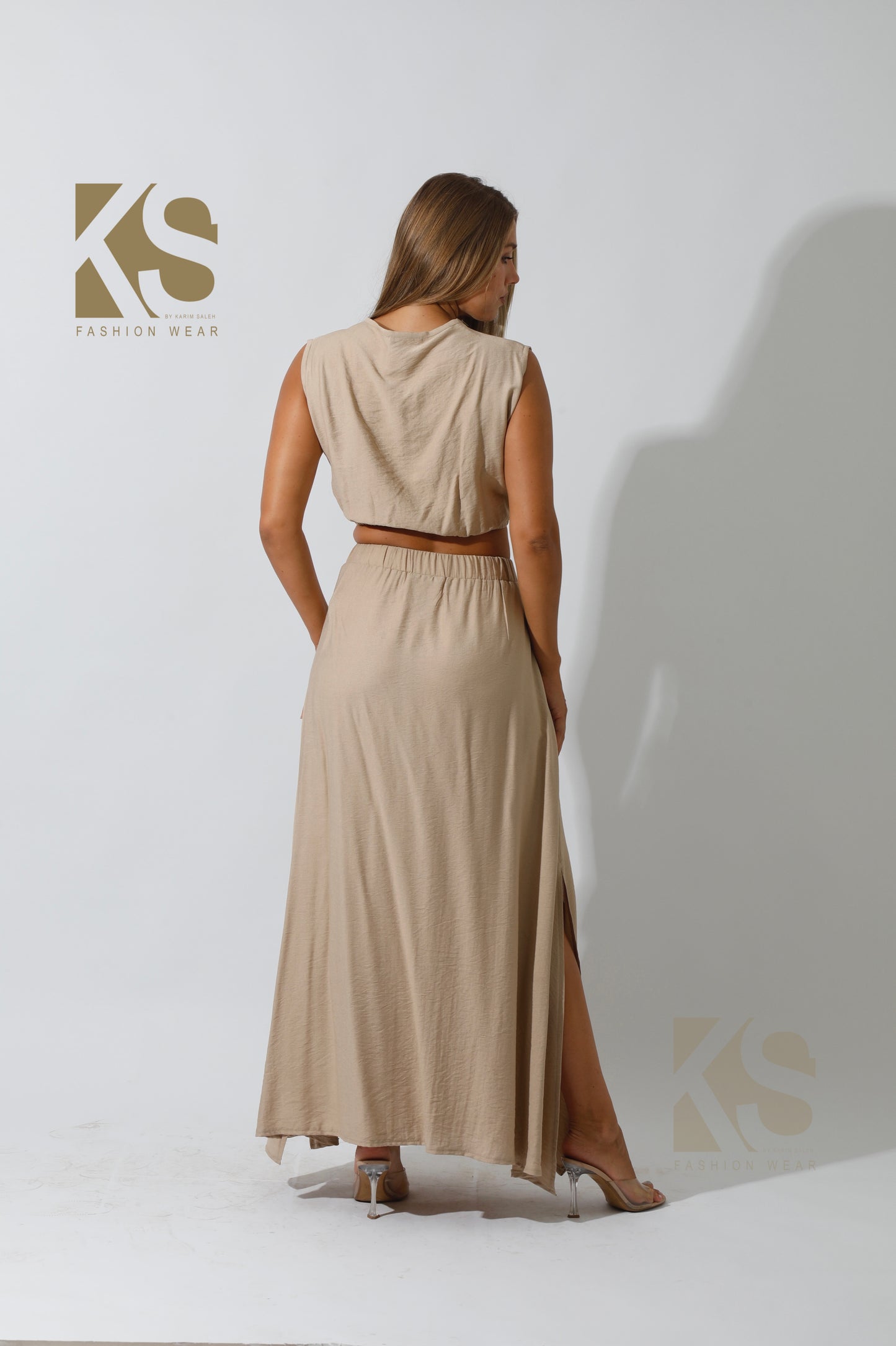 Maxi Side Slite Skirt Set - Beige