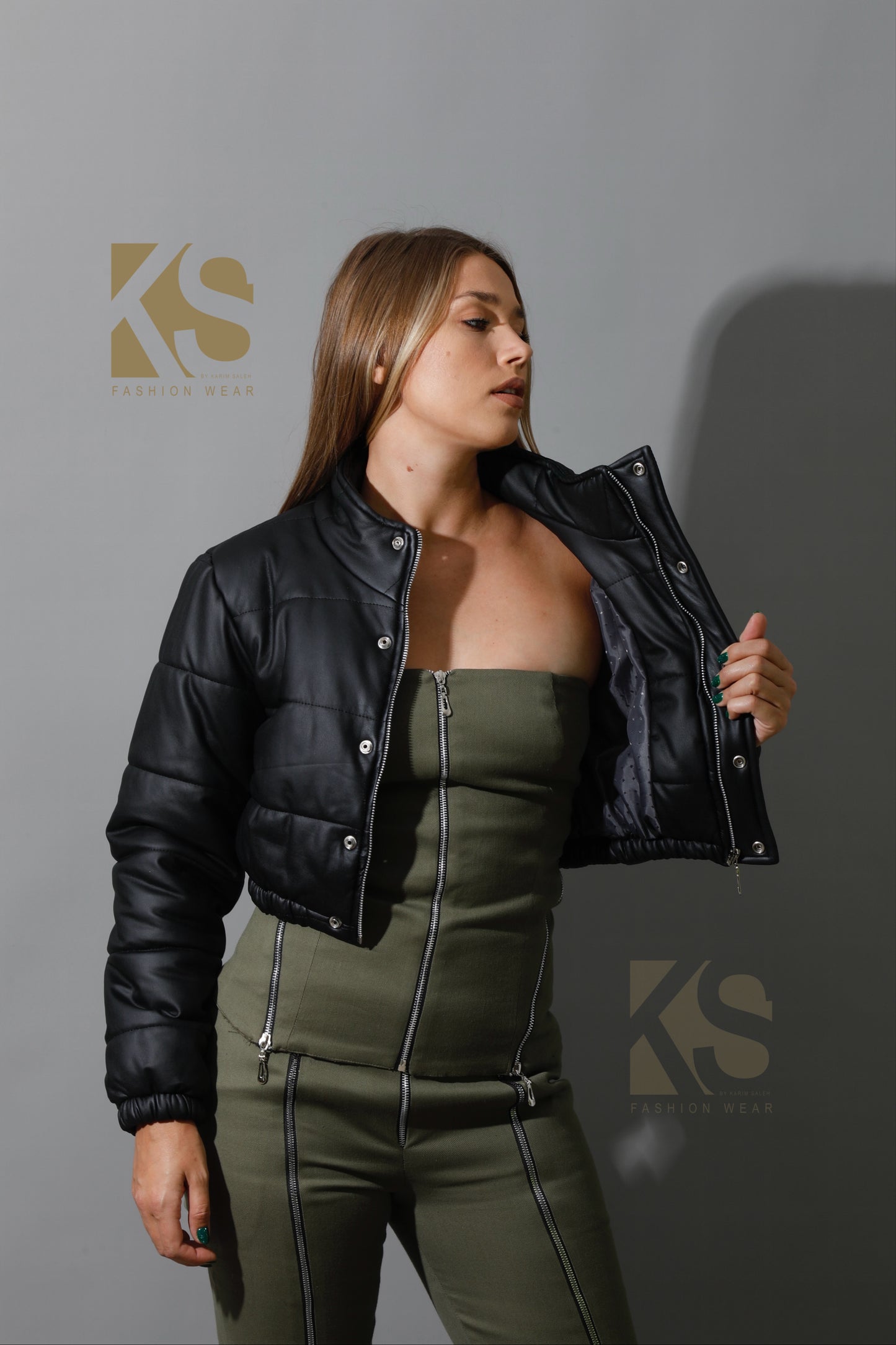 Leather Puffer Cropped Jacket - Black