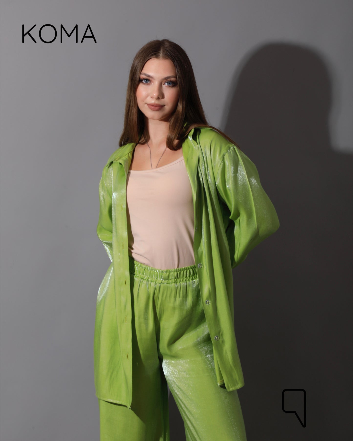 Shemer Long Shirt & Wide Leg Trousers Set - Lime Green