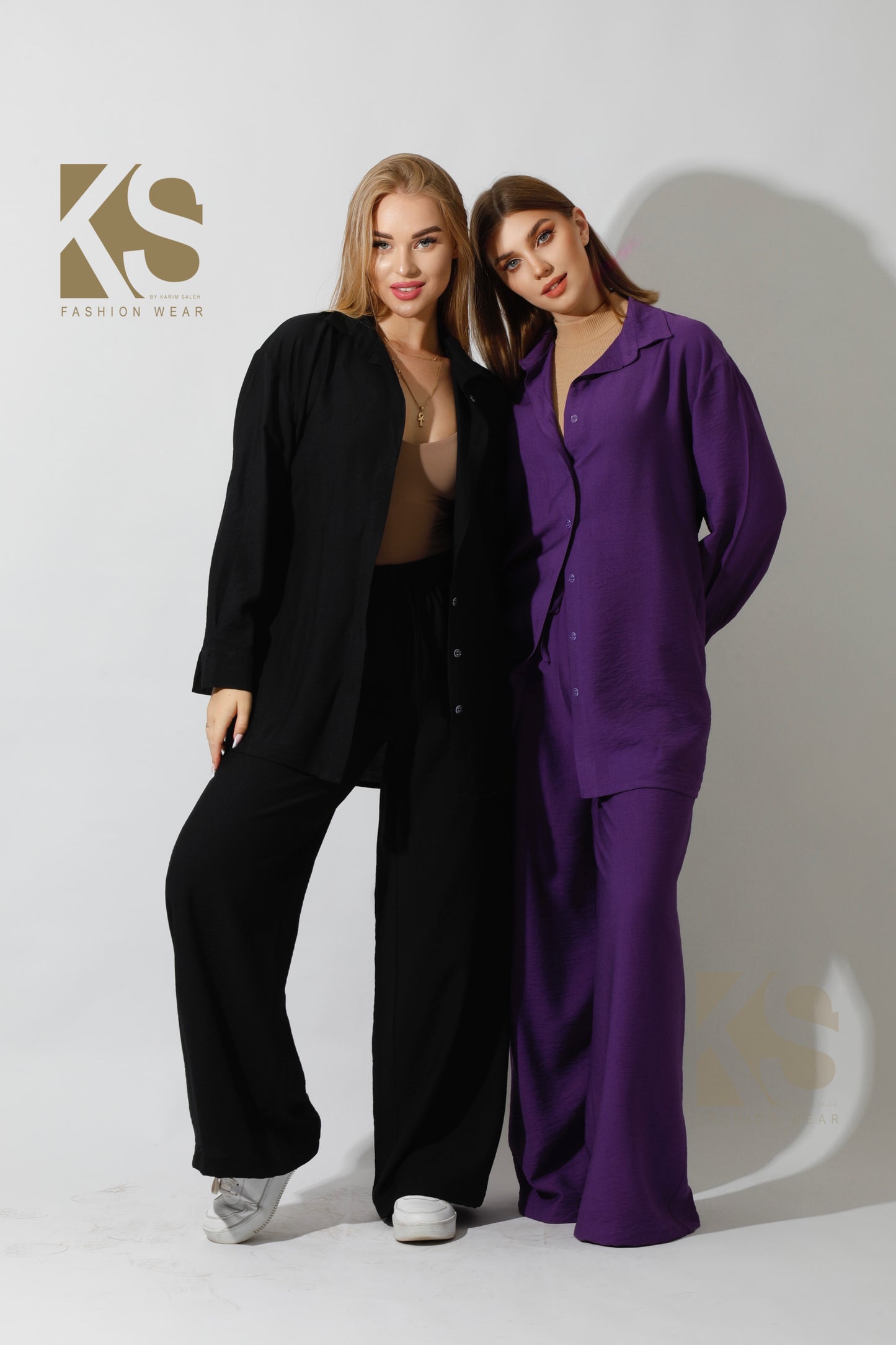Long Shirt & Wide Leg Trousers Set - Purple