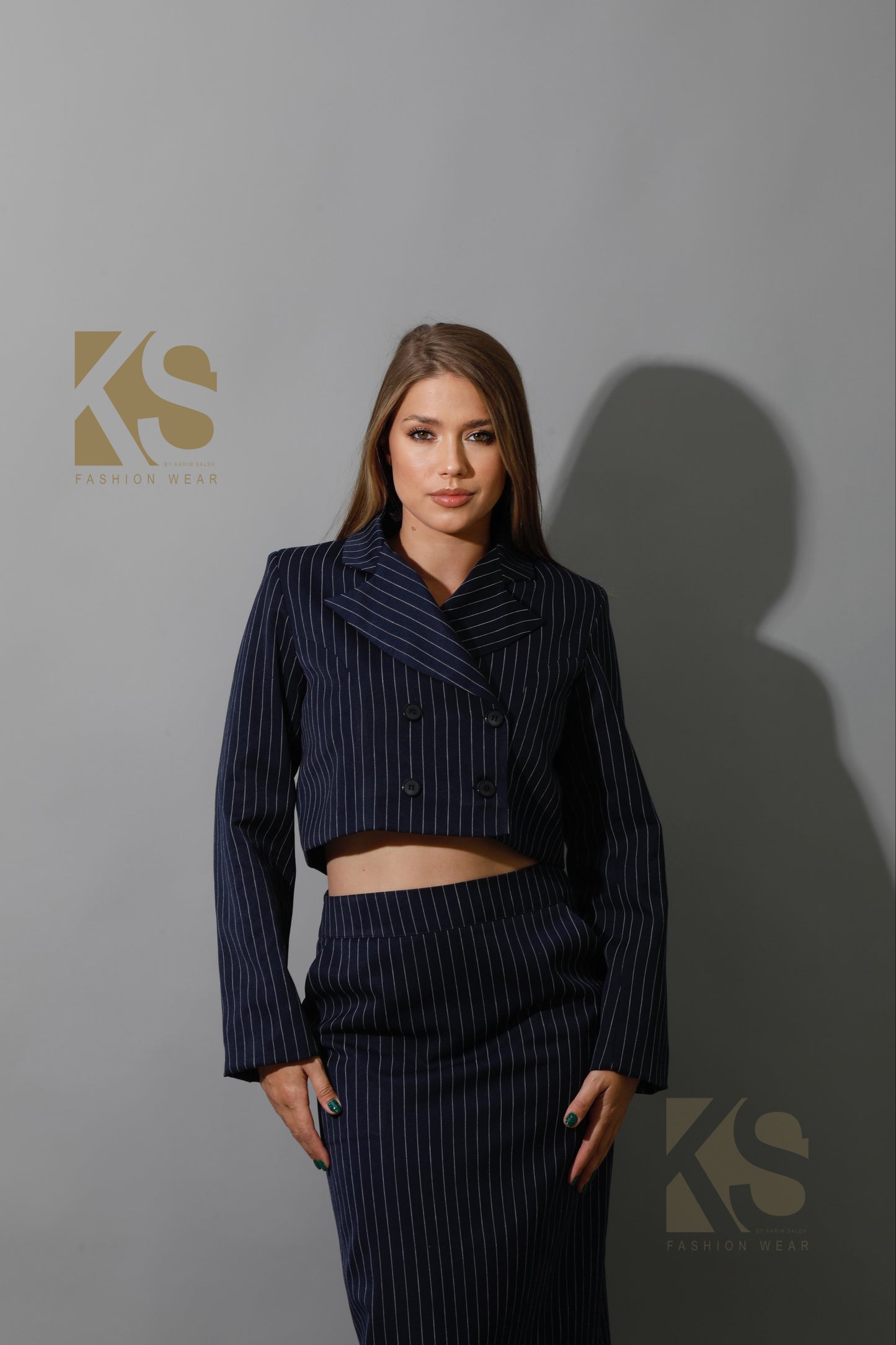 Striped Cropped Blazer Co-Ord - Navy