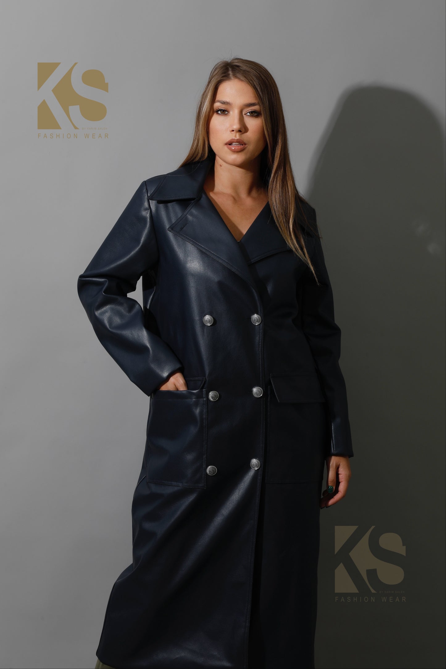 Textured Leather Coat - Navy