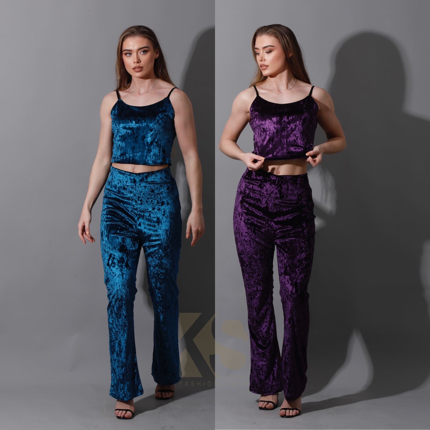 Velvet Crop Top & Bootcut Trousers Set - Petrol