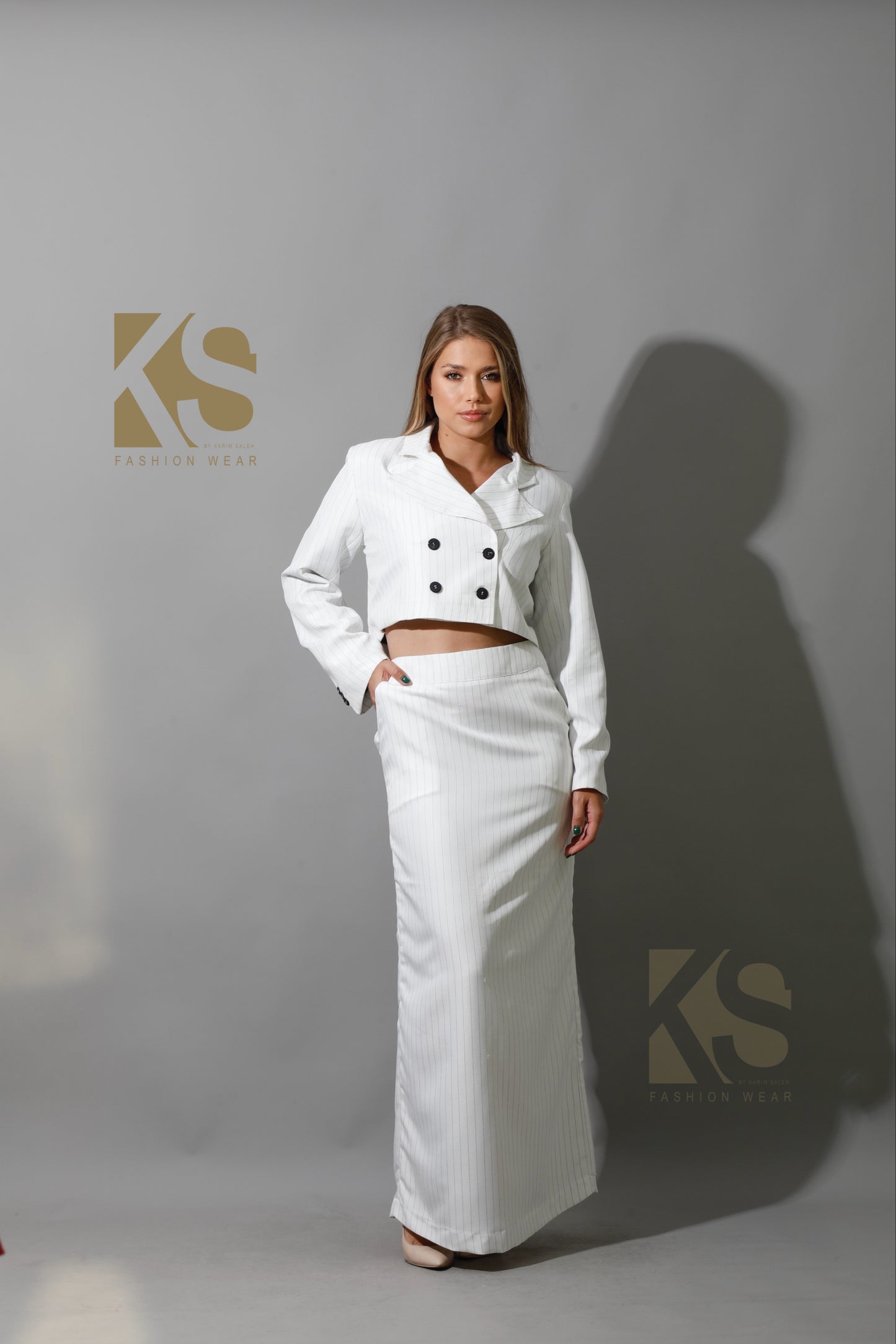 Striped Cropped Blazer Co-Ord - White