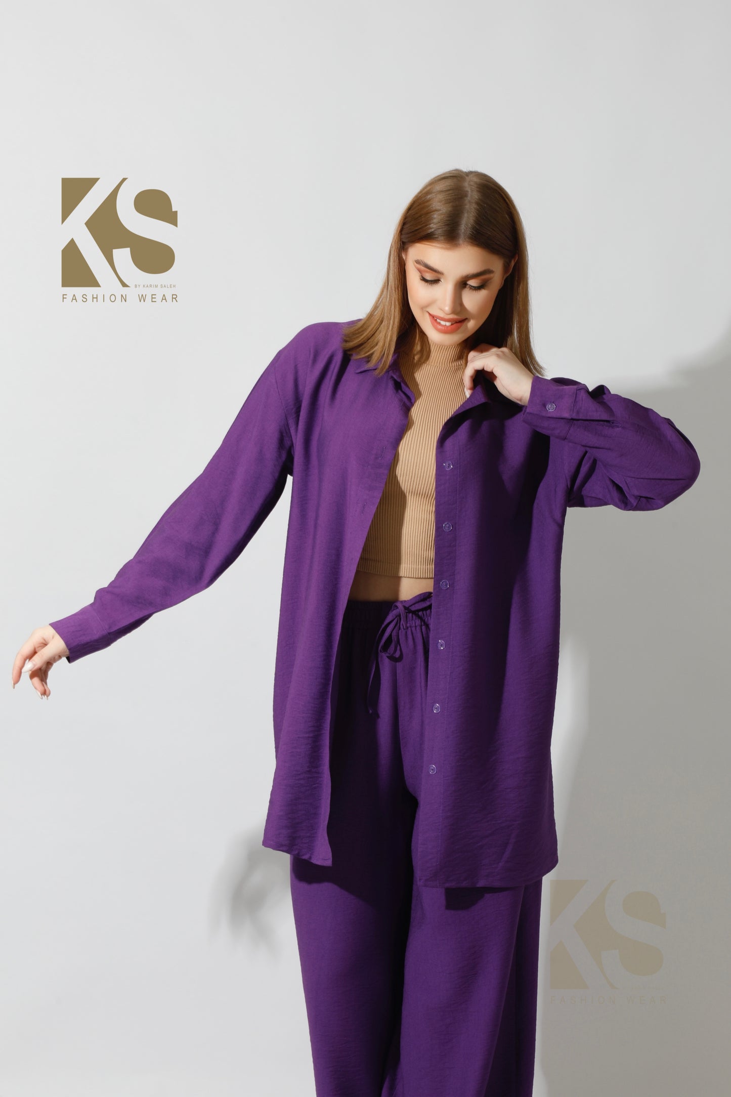 Long Shirt & Wide Leg Trousers Set - Purple