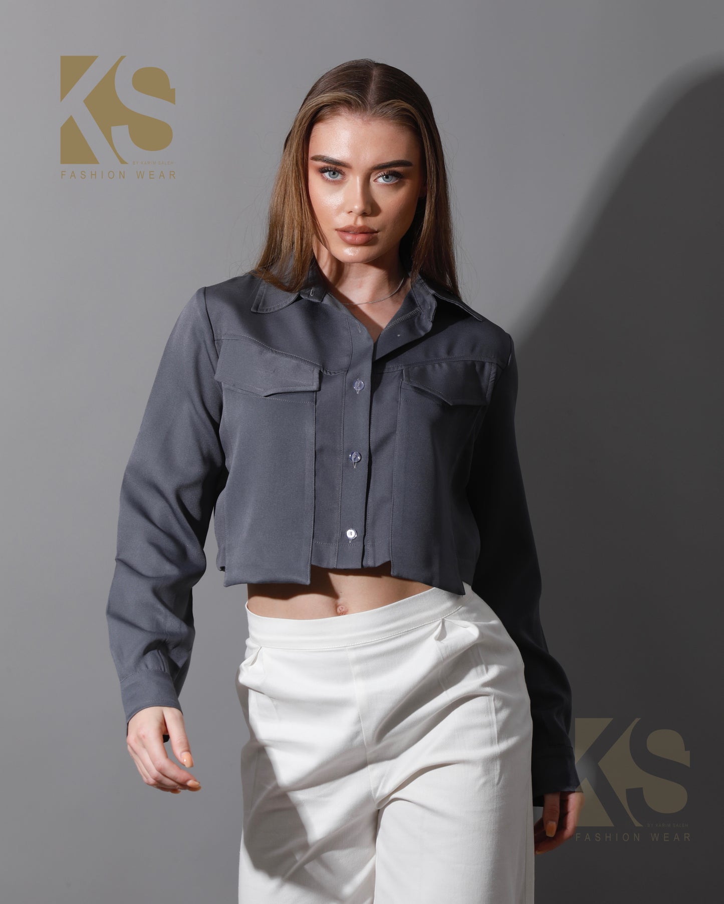 Pockets Cropped Shirt - Gray