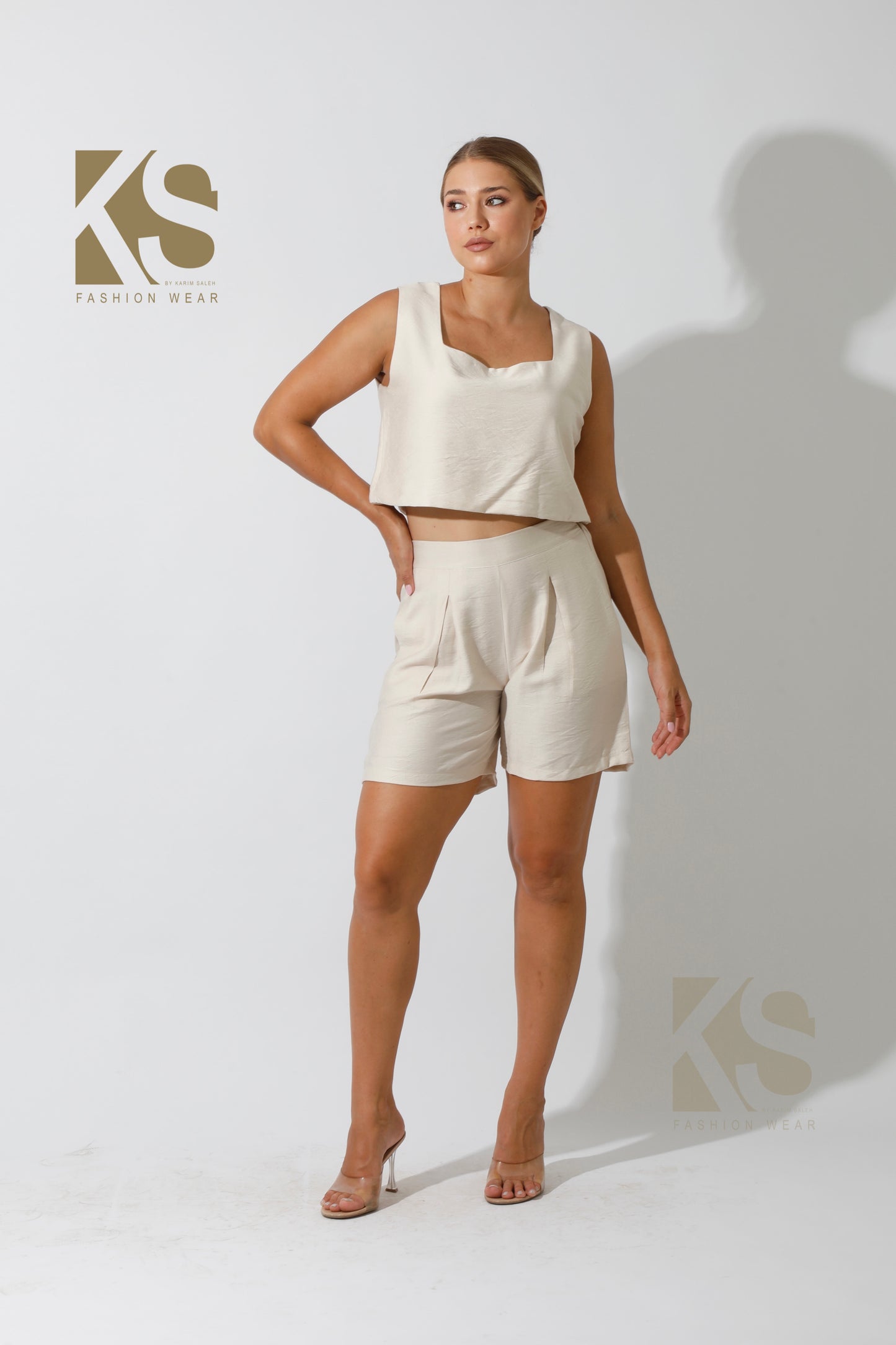 Tank Top & Flared Shorts Set - Beige