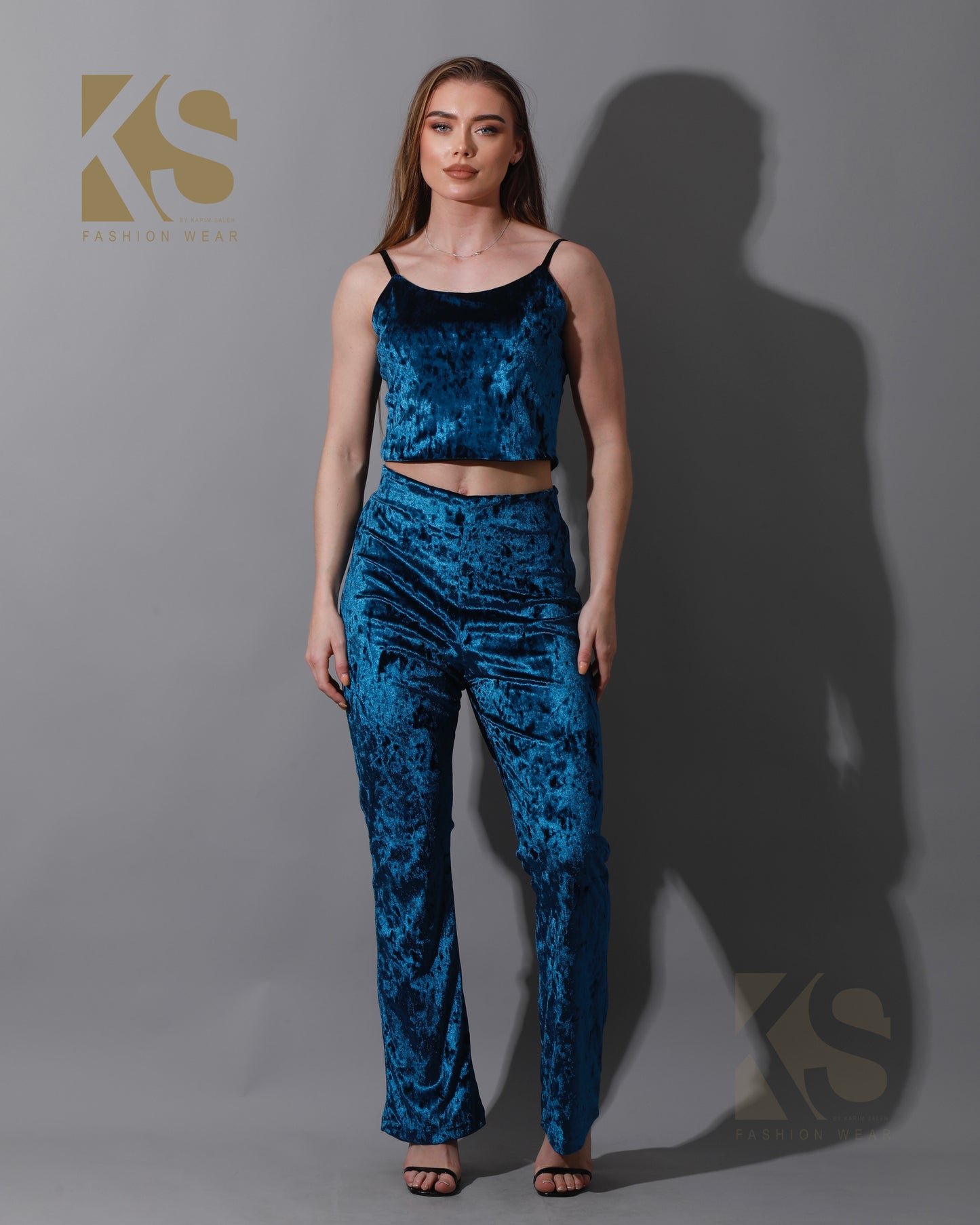 Velvet Crop Top & Bootcut Trousers Set - Petrol