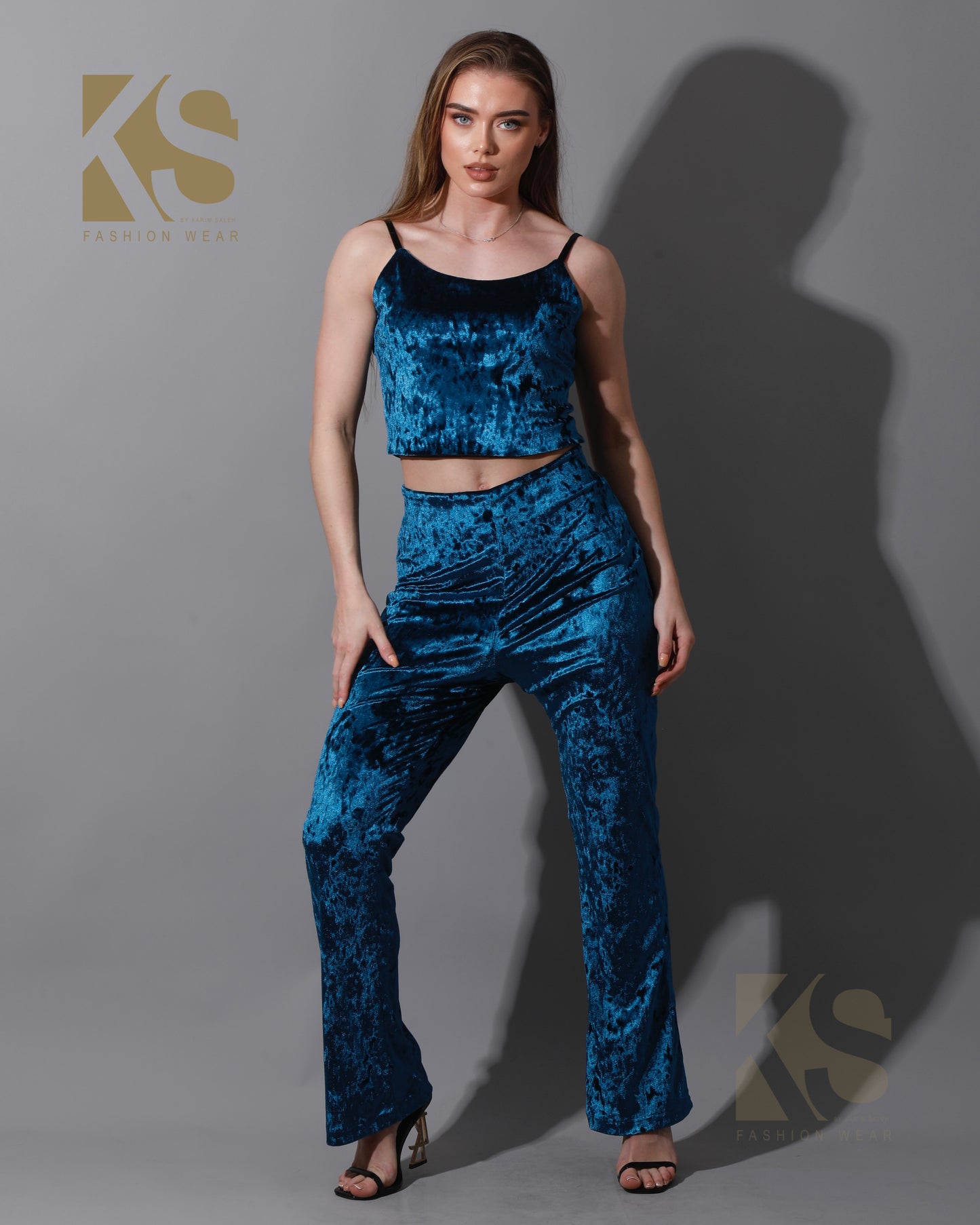Velvet Crop Top & Bootcut Trousers Set - Petrol