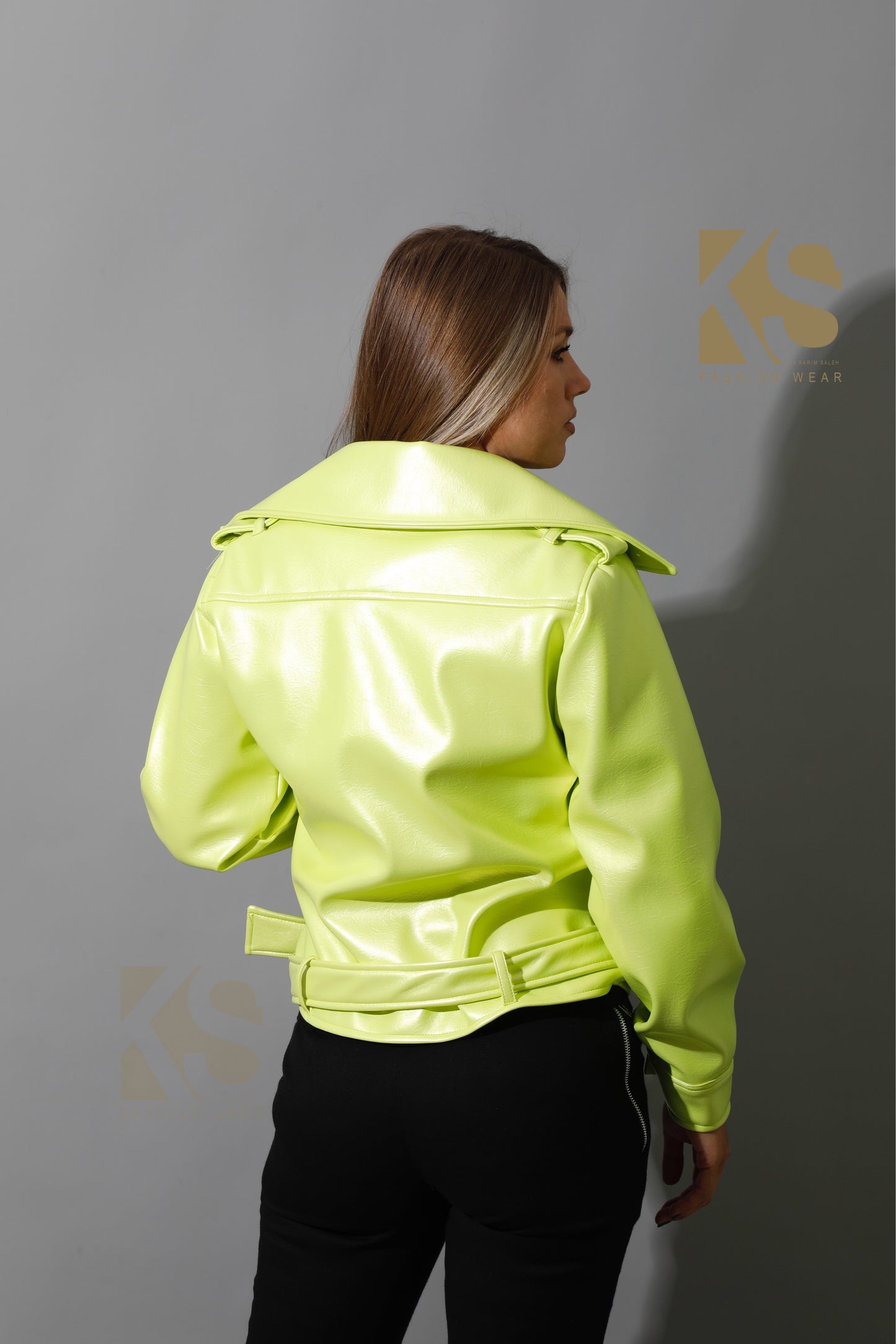 Textured Leather Biker Jacket - Lime Green