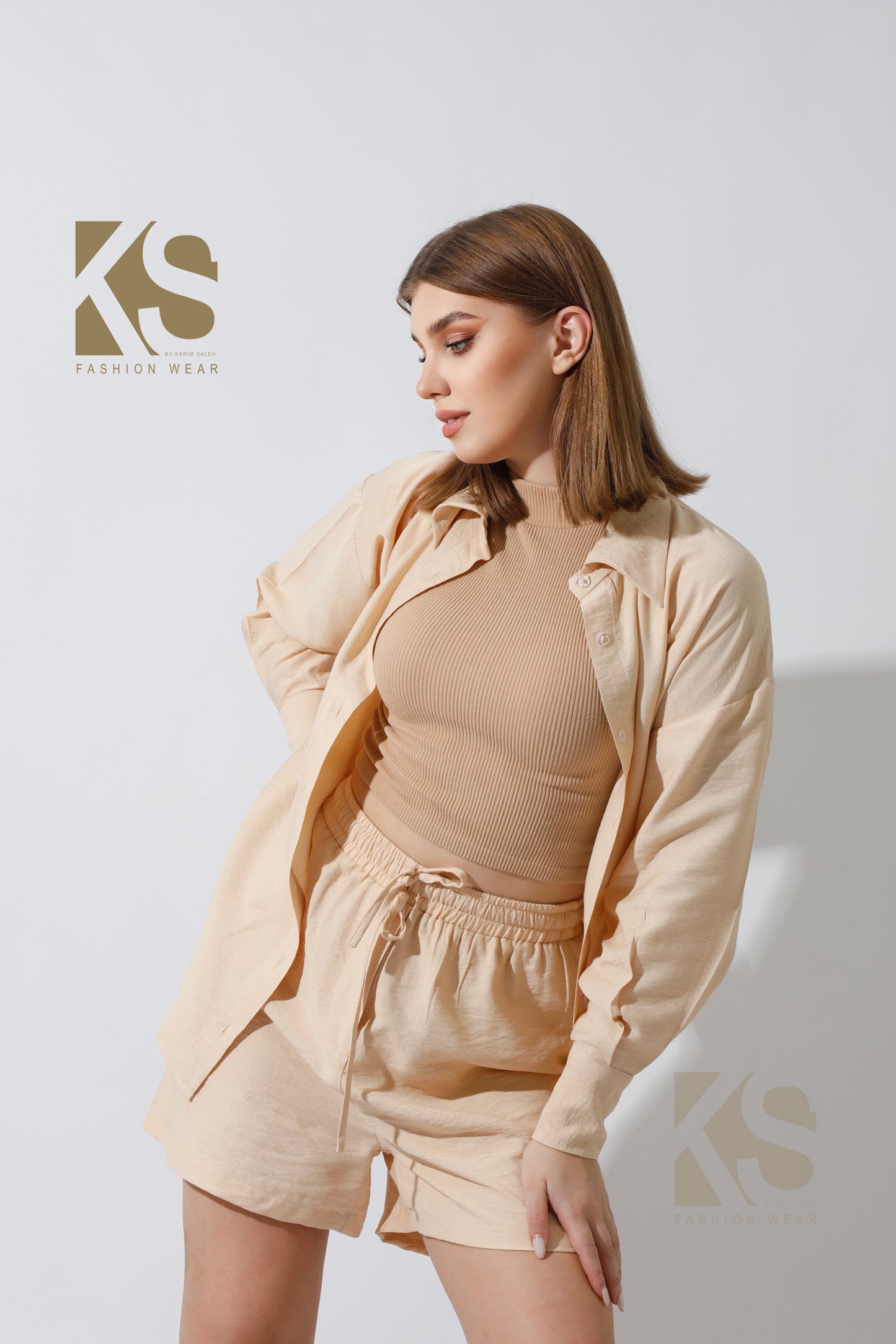 Lose Fit Shirt & Shorts Set - Beige