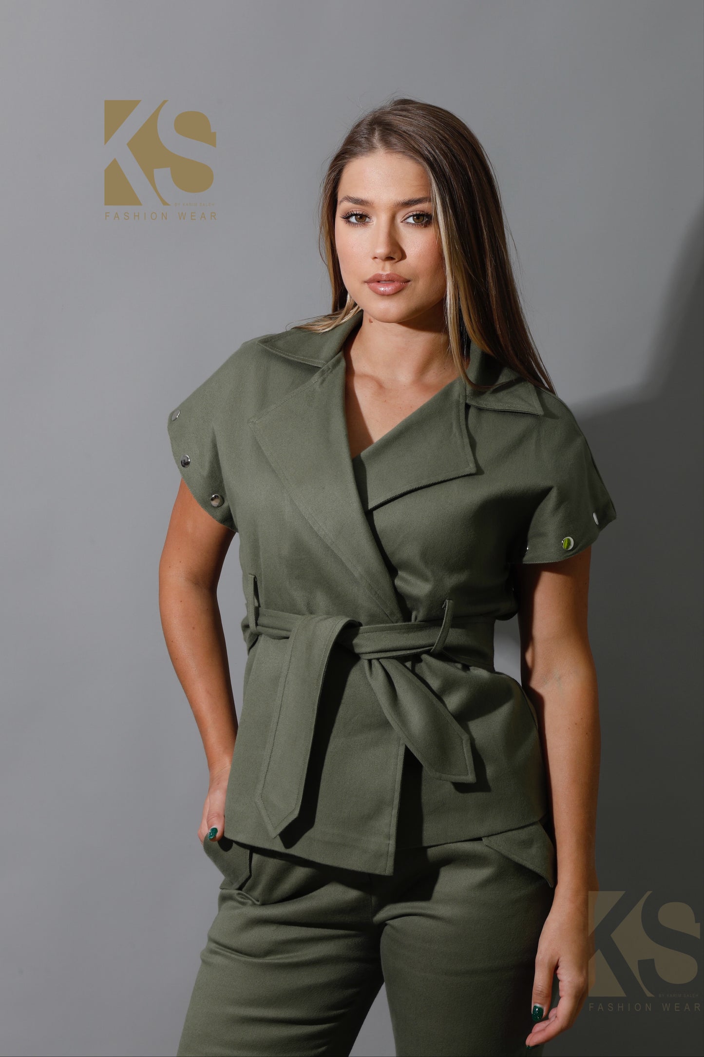 Co-Ord Detached Sleeves Jacket & Tied BootCut pants - Olive