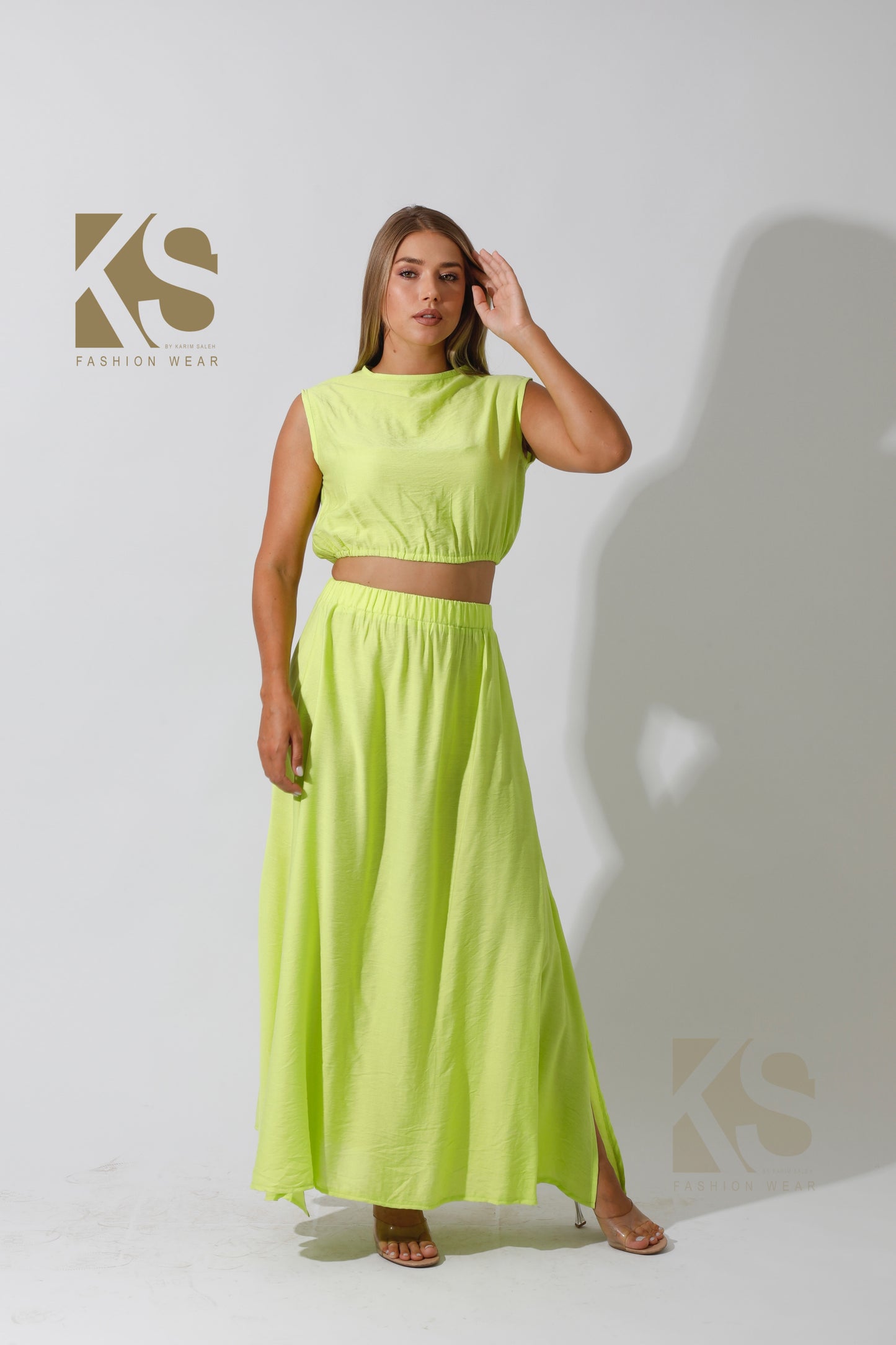 Co-Ord Crop Top & Maxi Side Slite Skirt - Lime Green