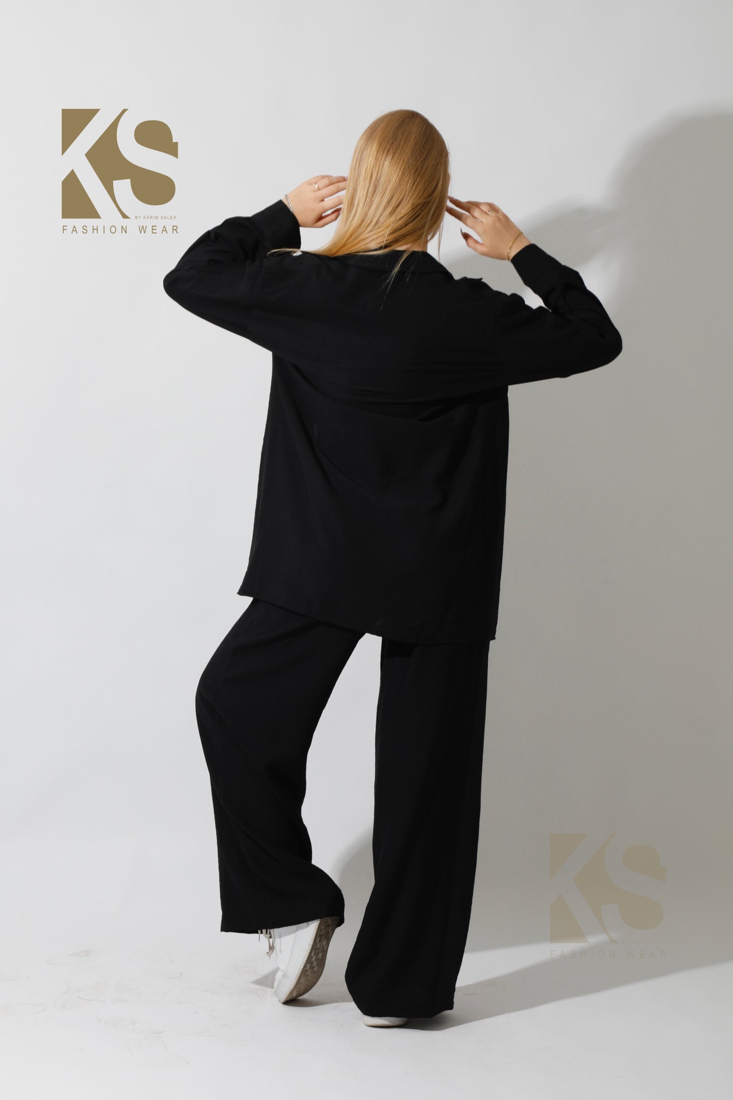 Long Shirt & Wide Leg Trousers Set - Black