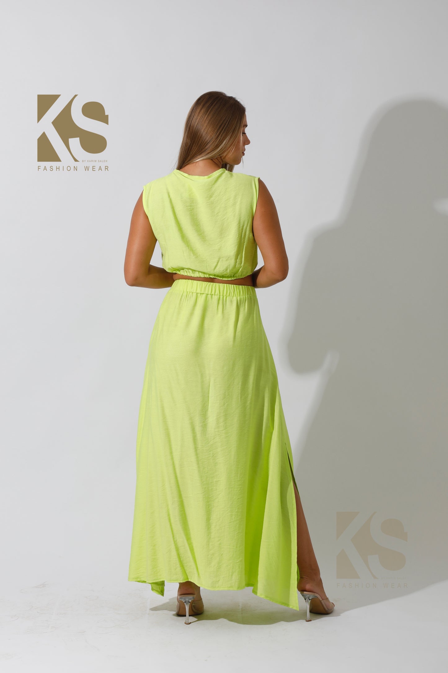 Co-Ord Crop Top & Maxi Side Slite Skirt - Lime Green