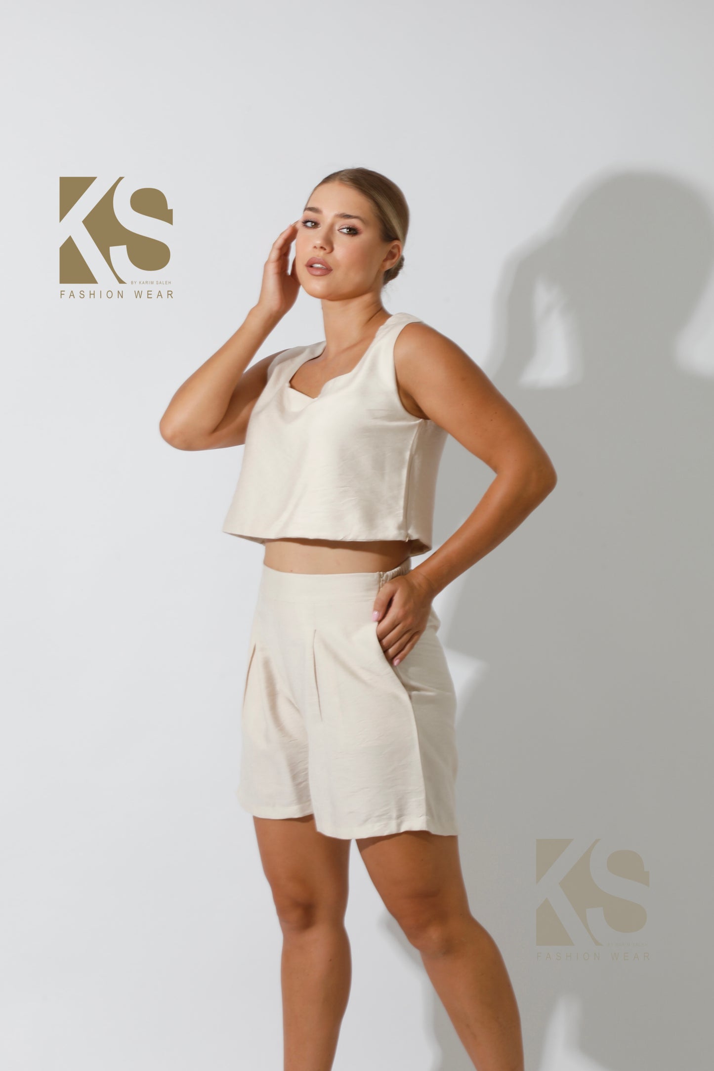 Tank Top & Flared Shorts Set - Beige