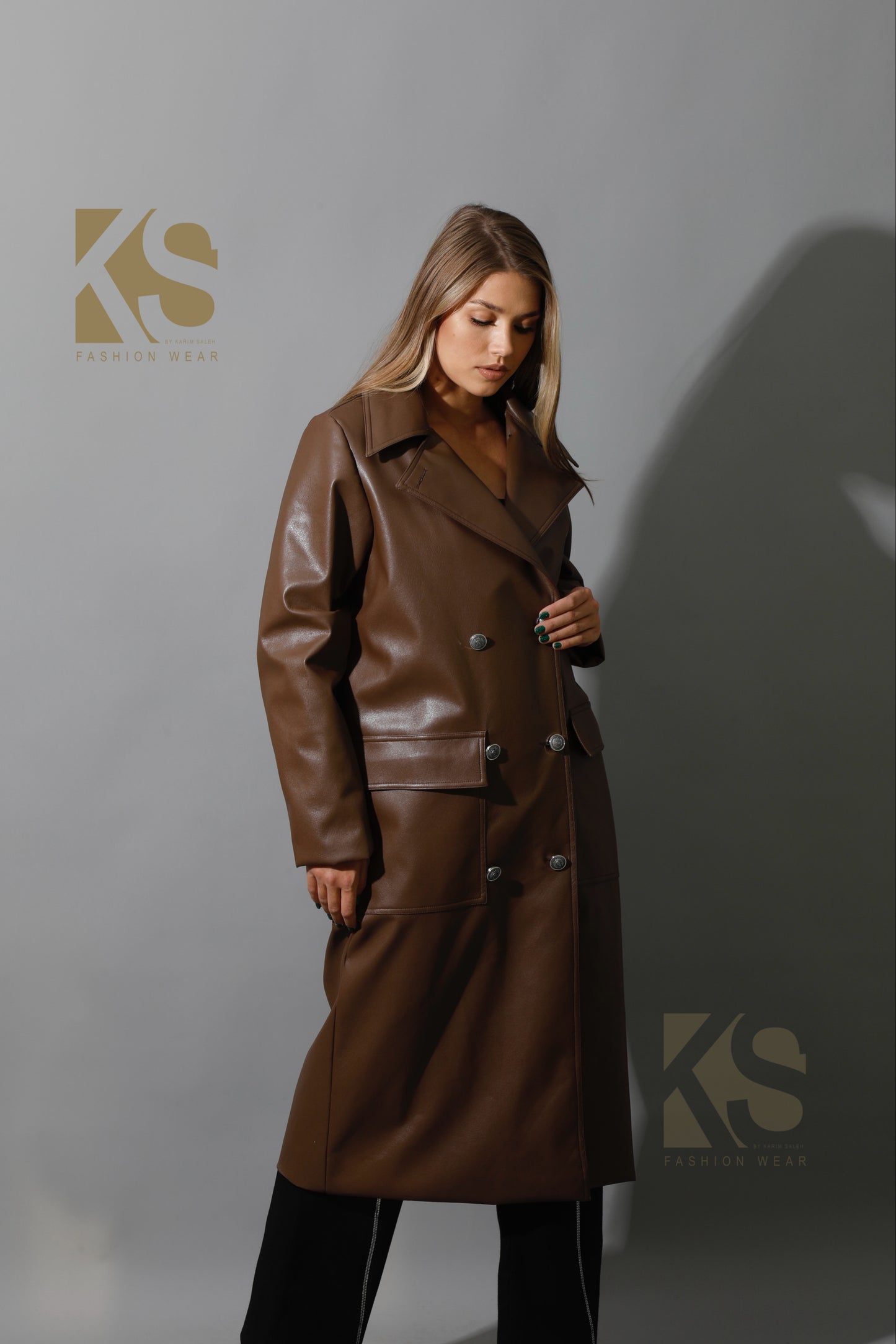 Textured Leather Coat - Brown