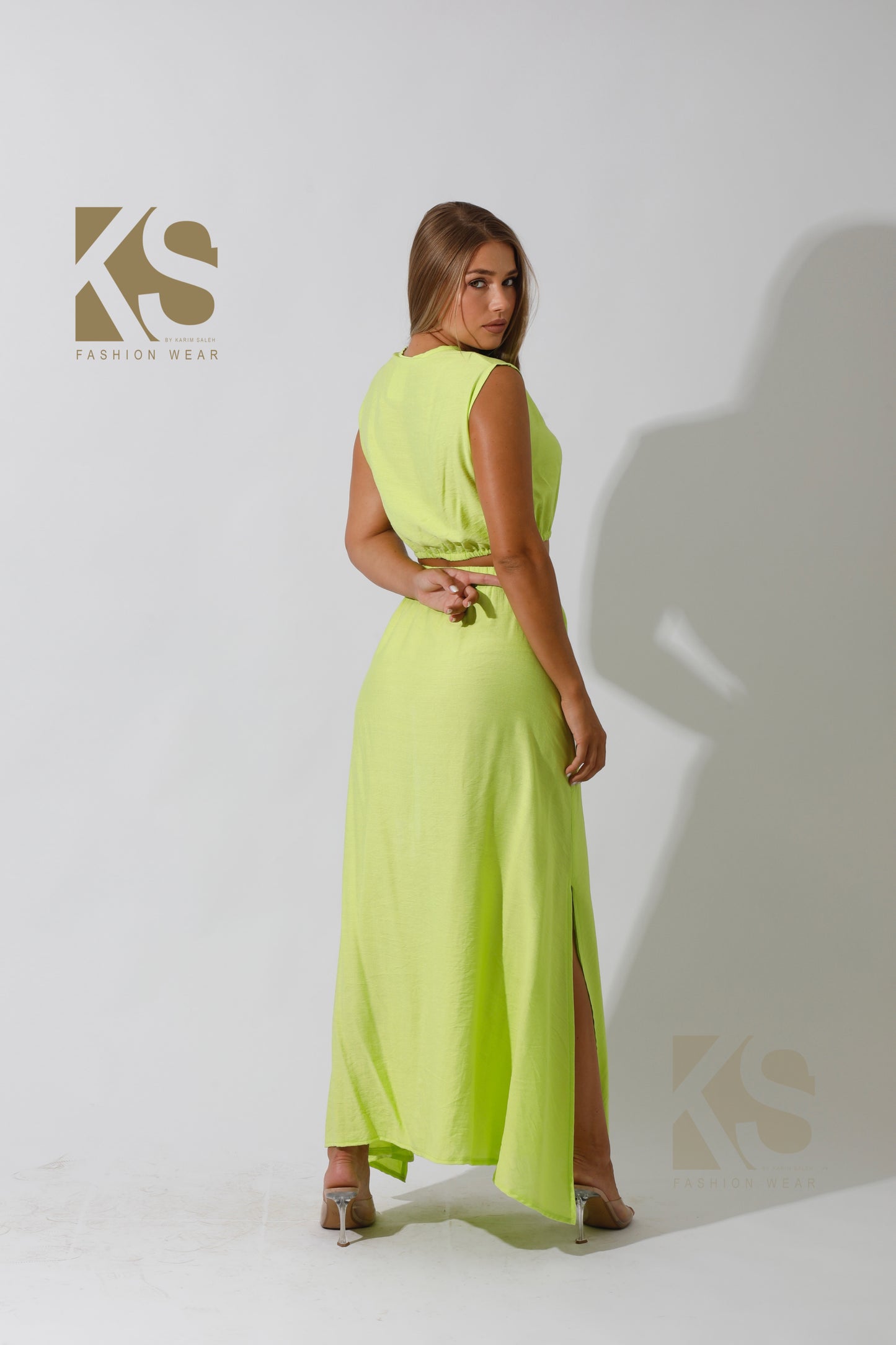 Co-Ord Crop Top & Maxi Side Slite Skirt - Lime Green