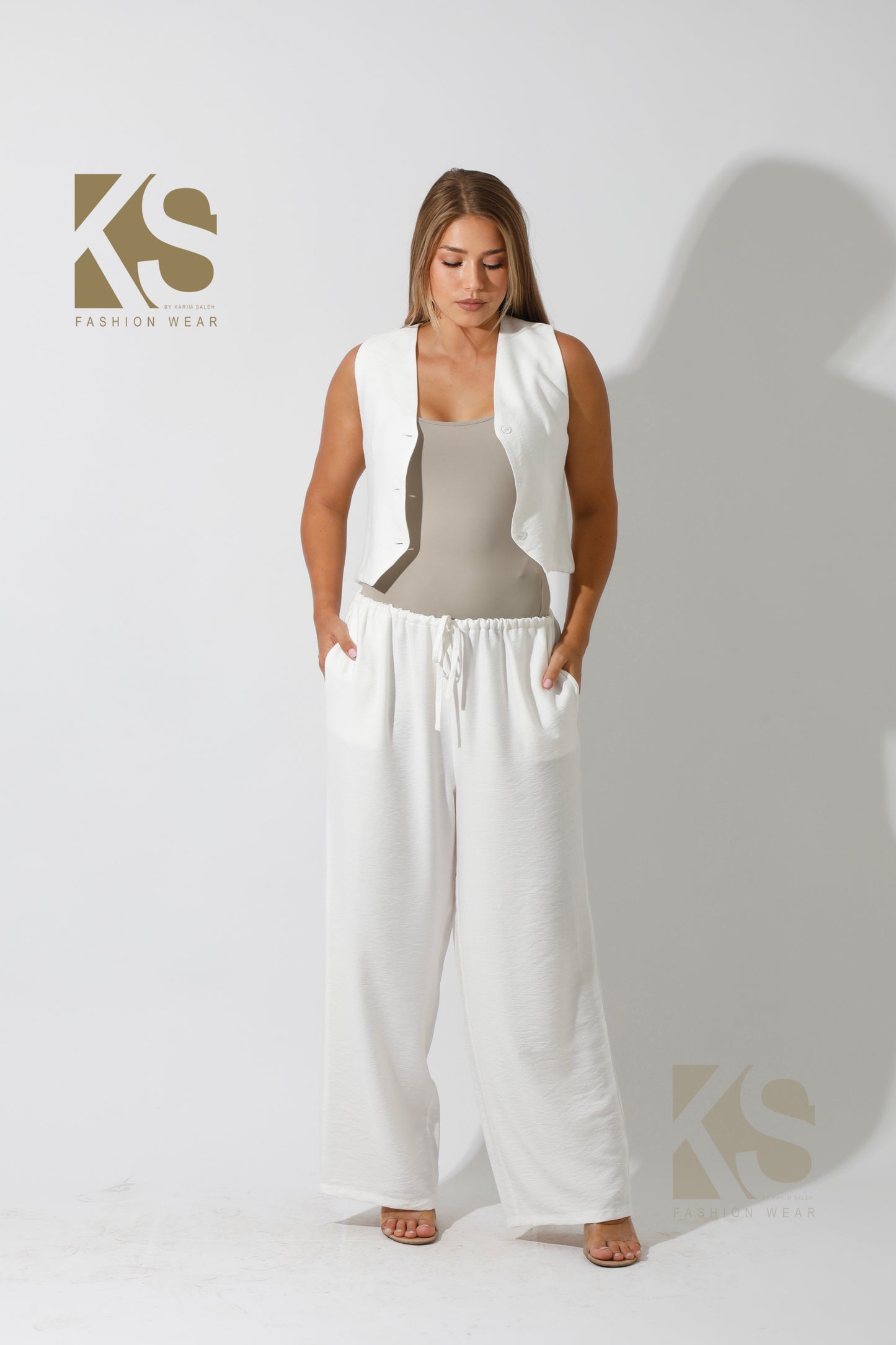 Vest & Lose Tied Pants Set - White