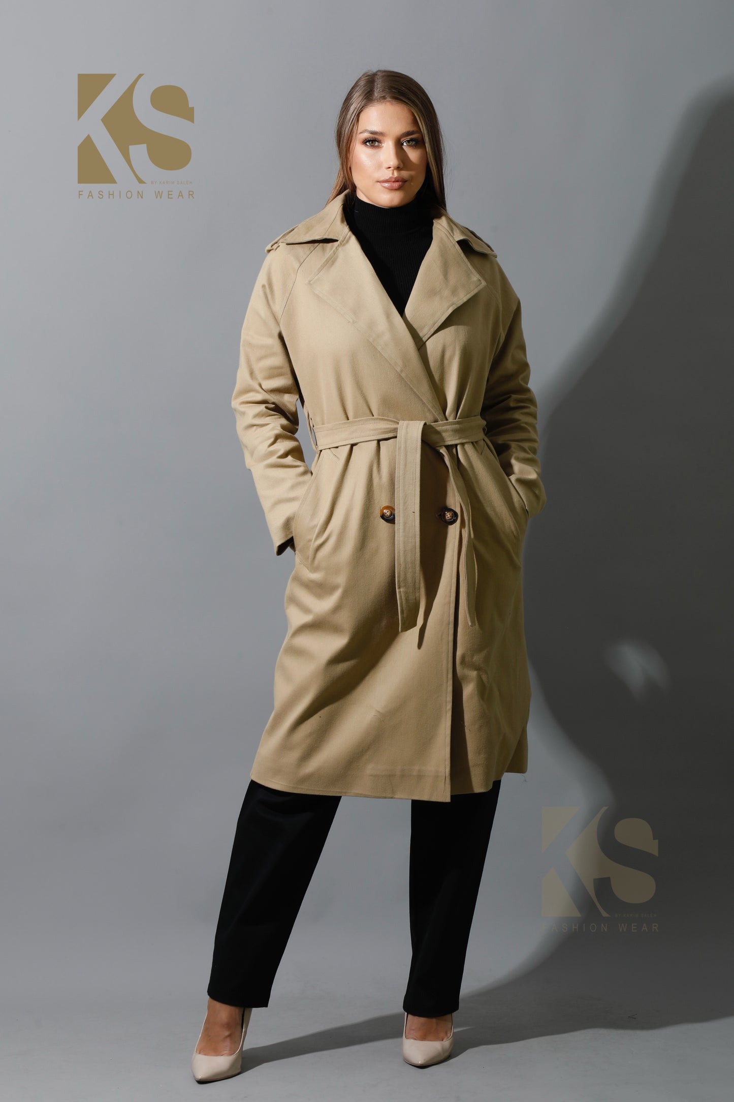 Wrapped Belted Trench Coat - Beige