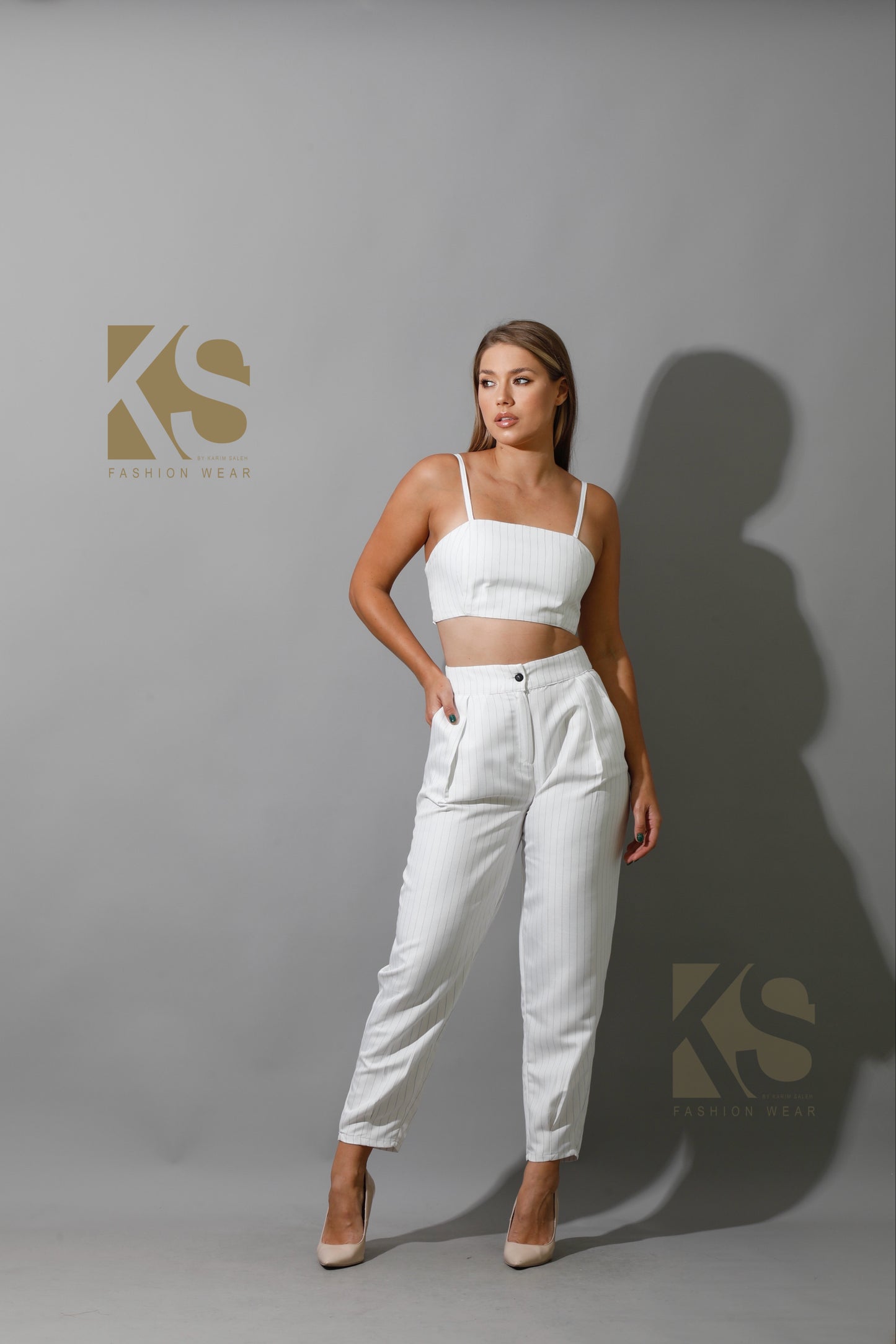 Striped Paper-bag Pants Co-Ord - White