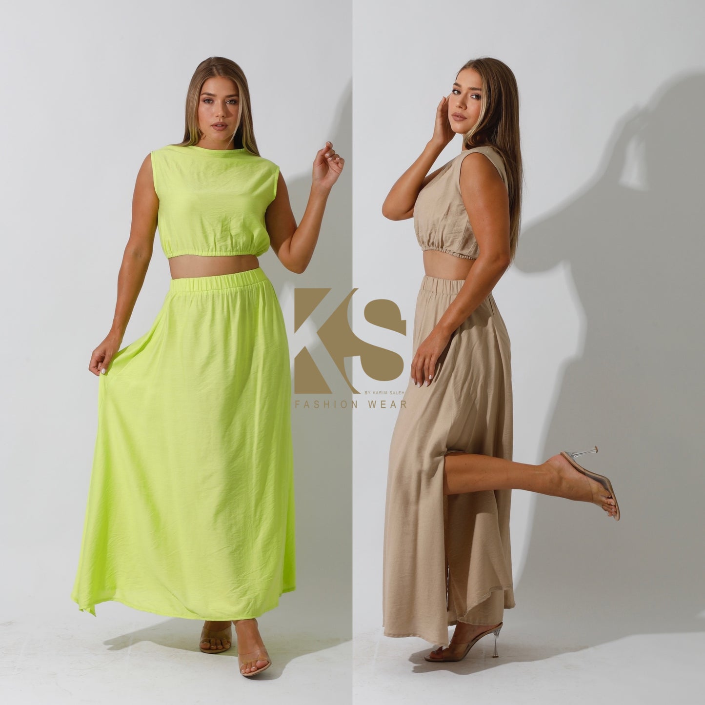 Maxi Side Slite Skirt Set - Beige