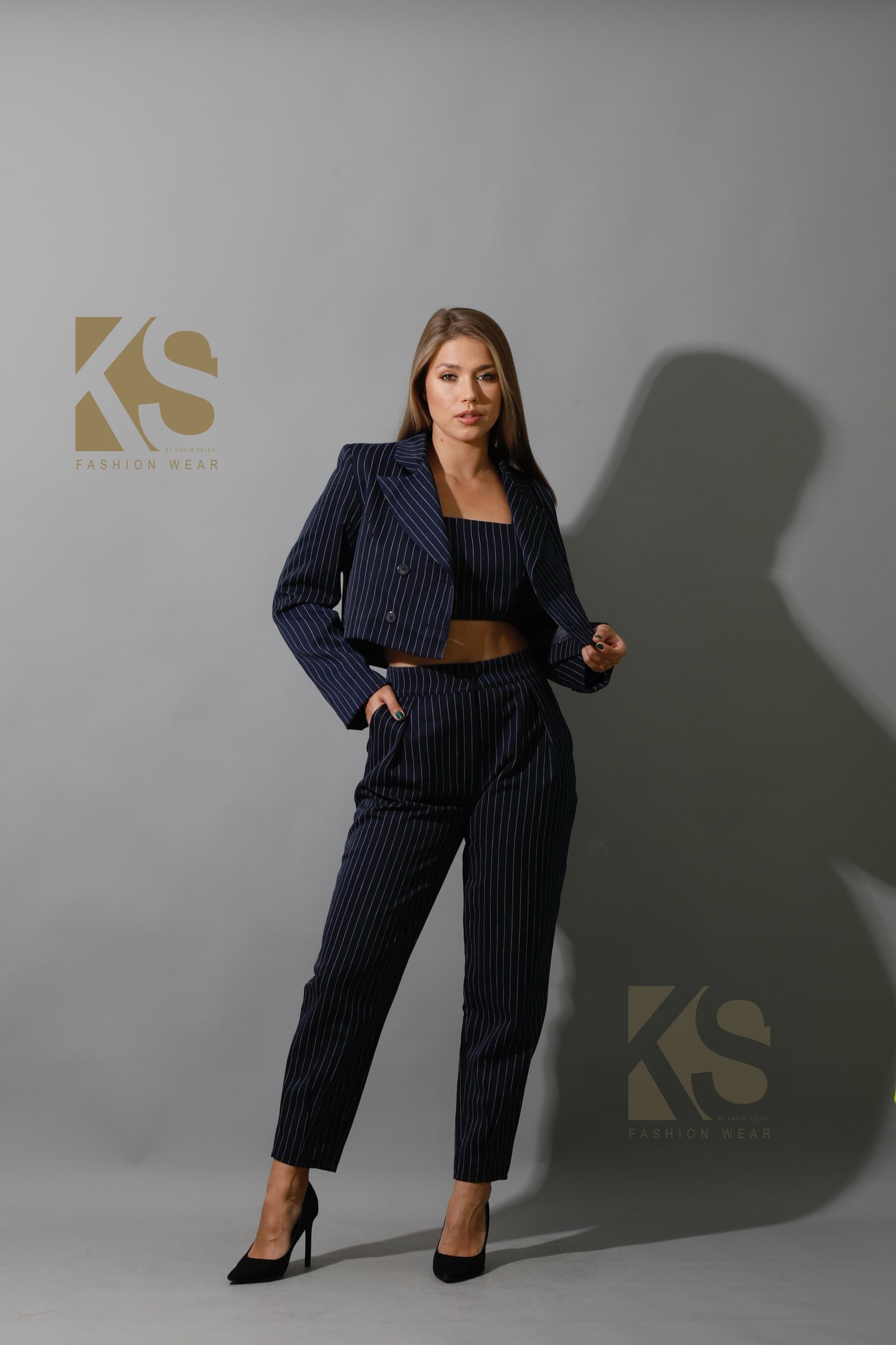 Striped Cropped Blazer, Bra Top & Paper-bag Pants Co-Ord - Navy