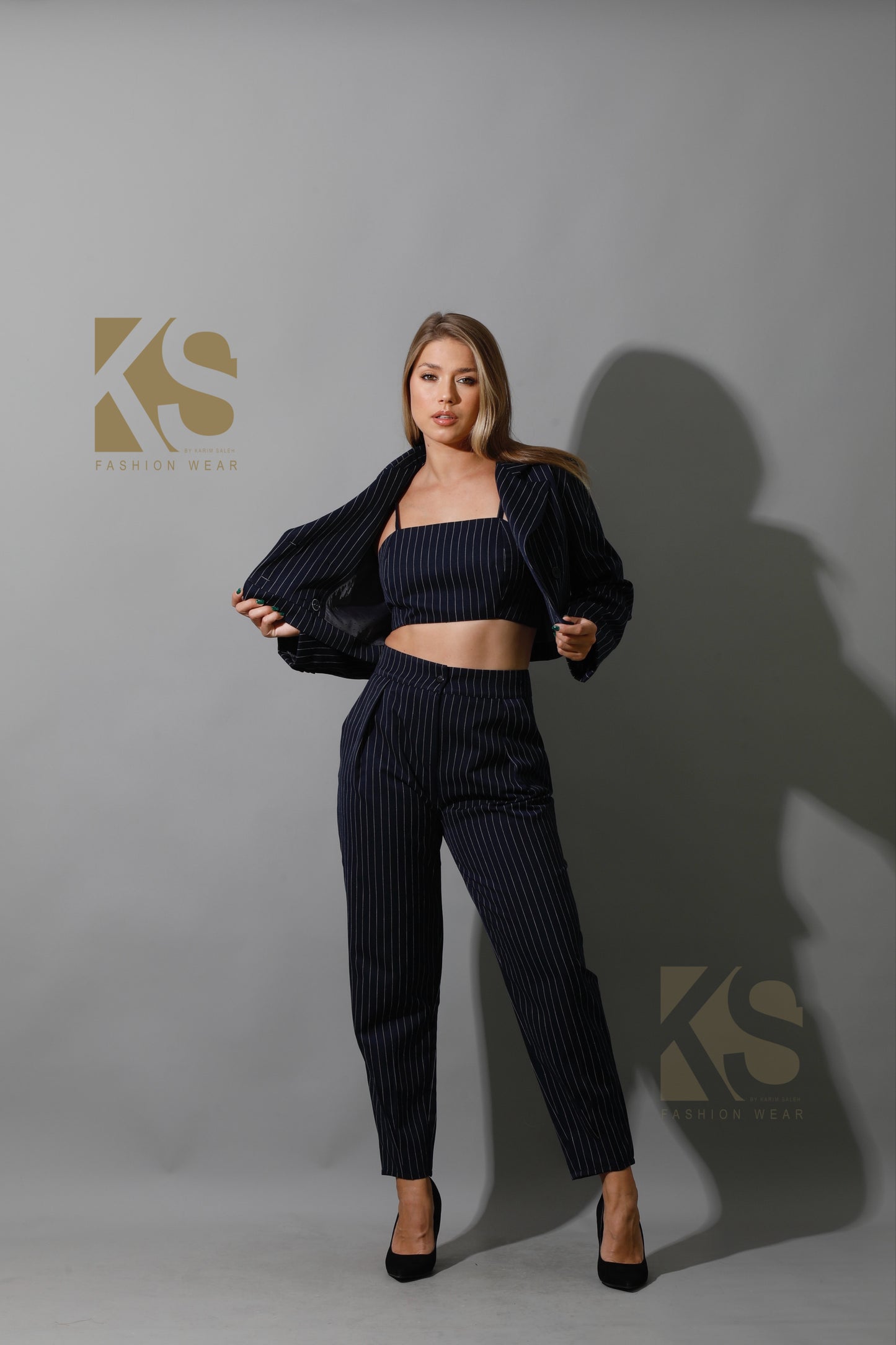 Striped Paper-bag Pants Co-Ord - Navy