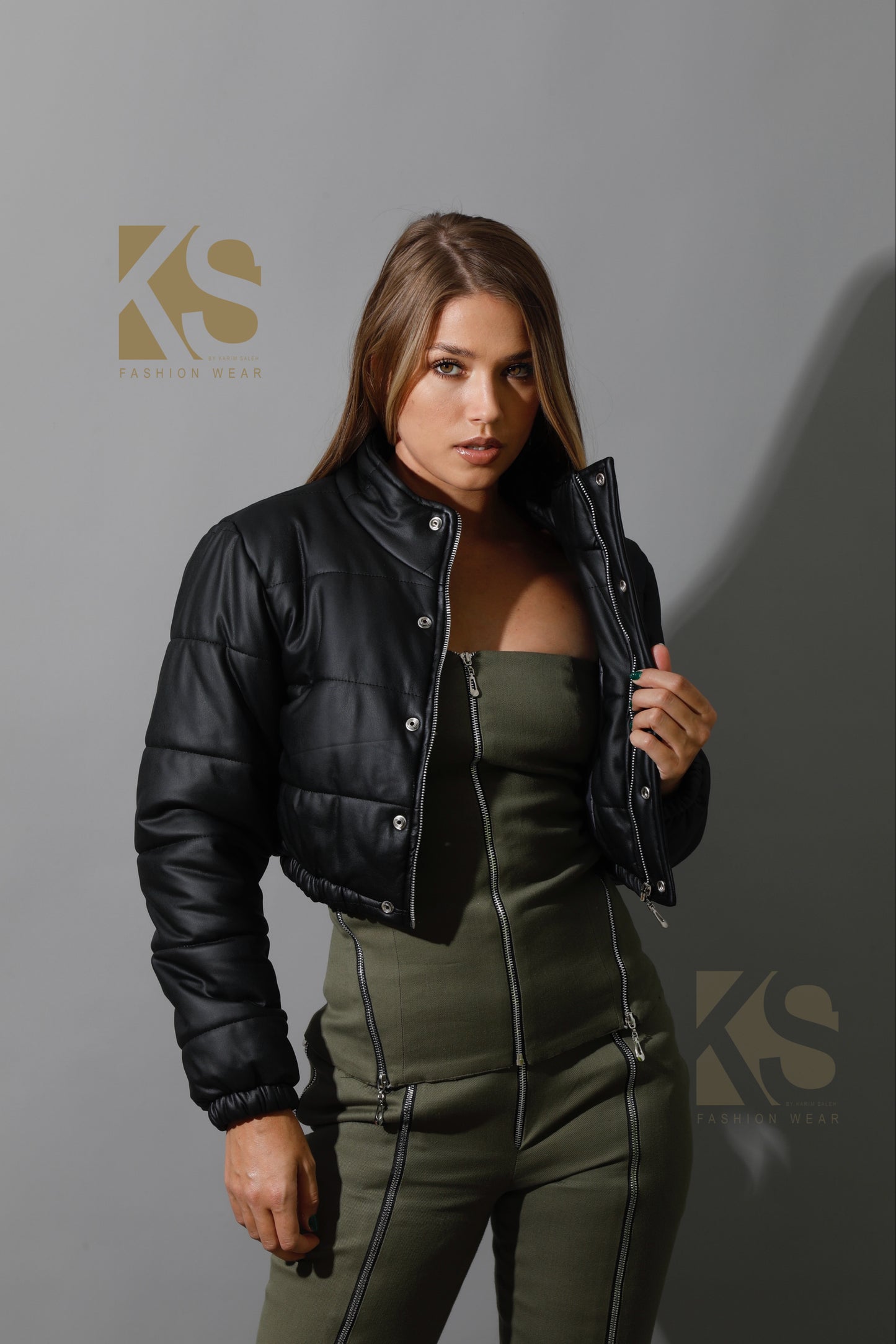Leather Puffer Cropped Jacket - Black